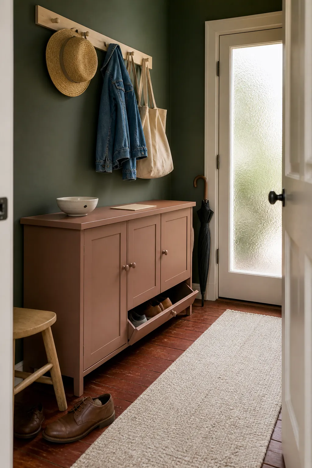 Dark green entryway with soft clay storage and chalky cream details