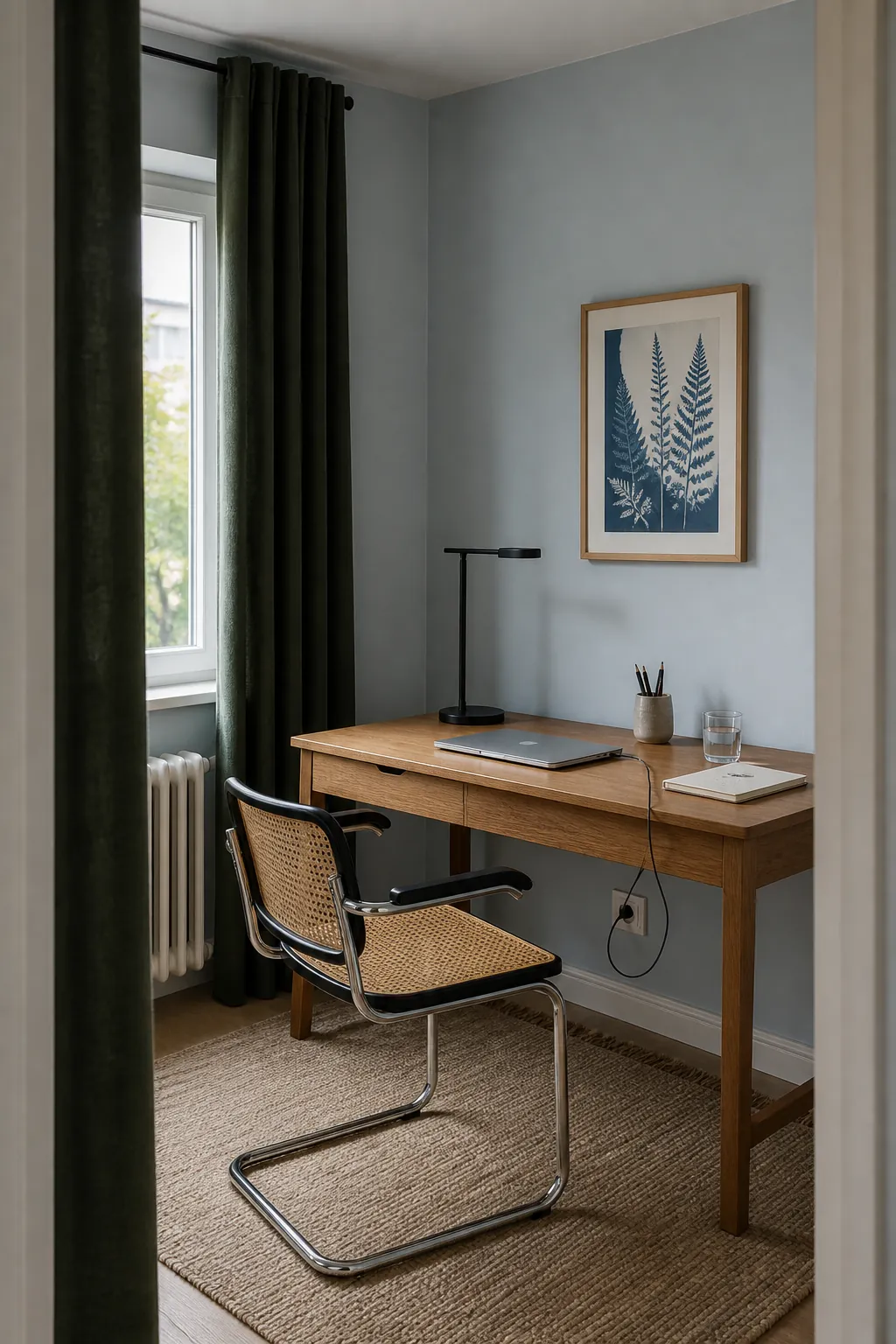 Mist blue home office paired with dark green curtains and a warm wood desk