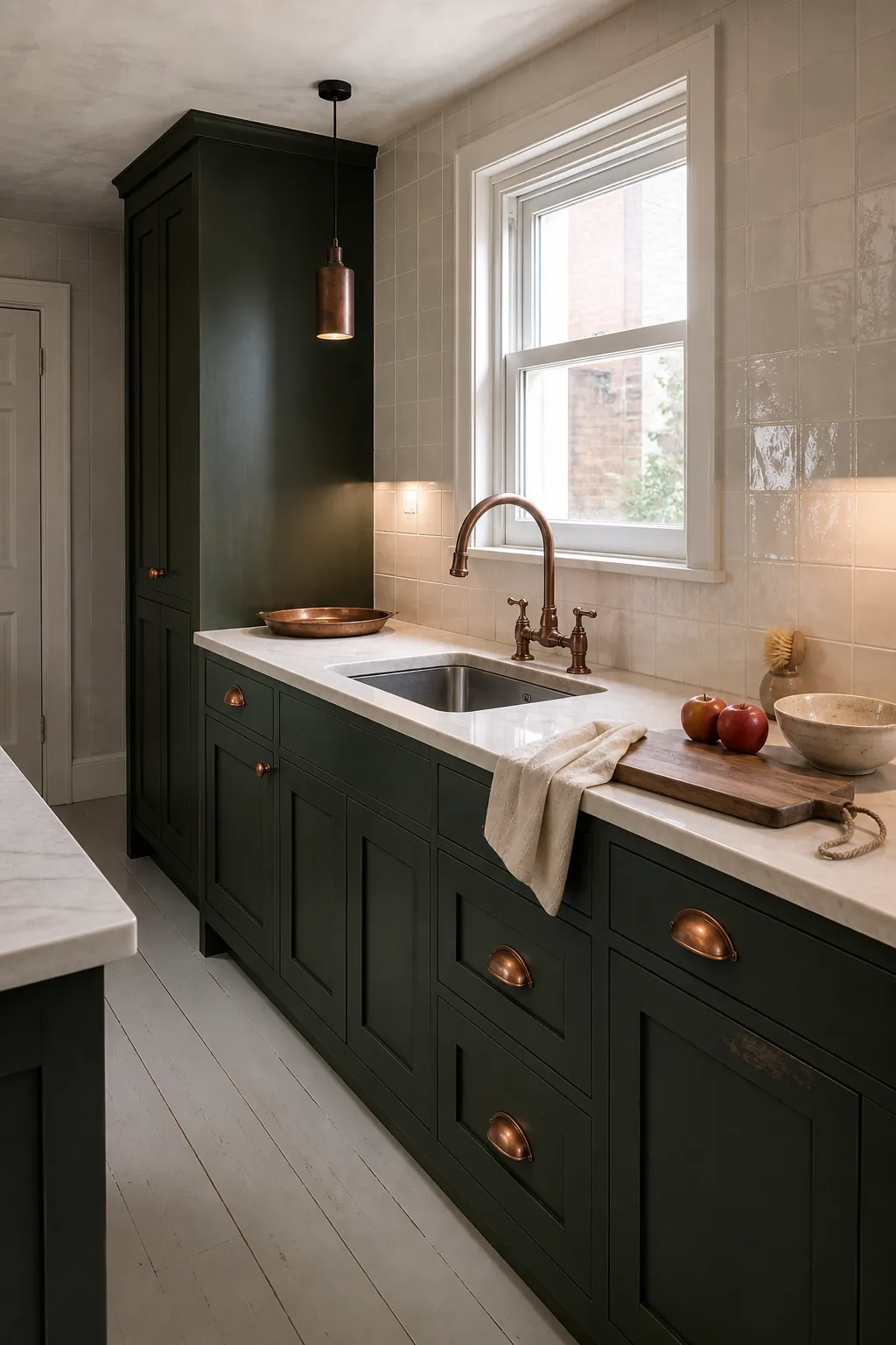 Dark green kitchen with aged copper fixtures and light stone counters