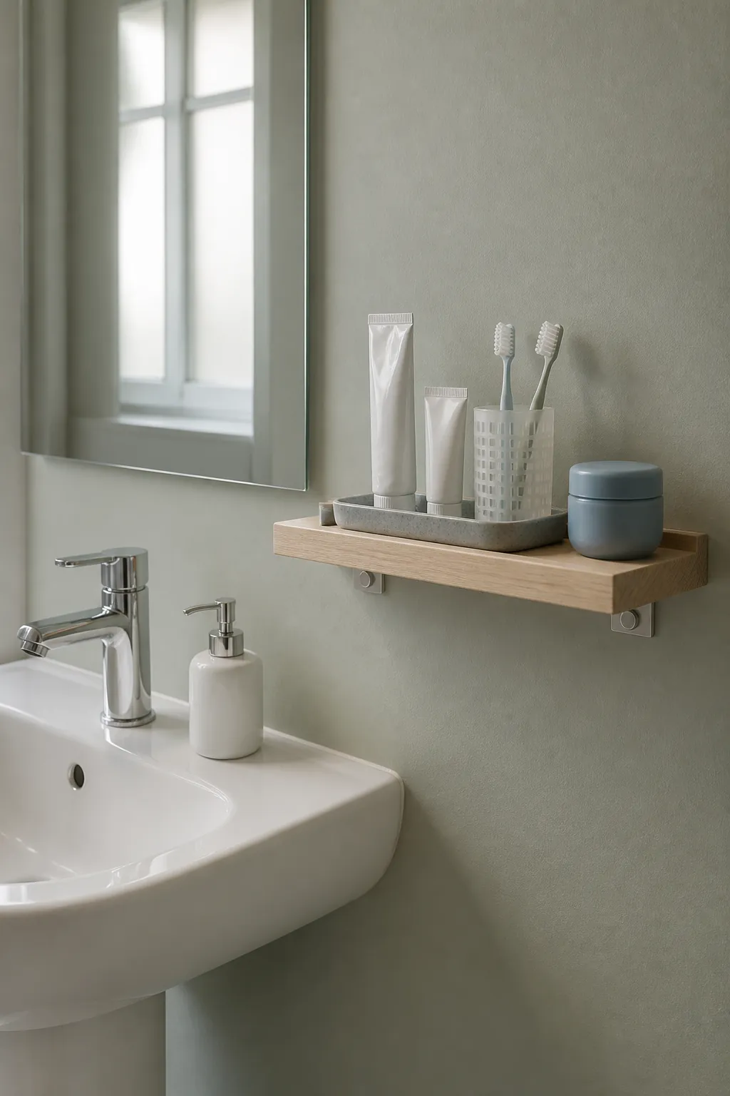 Shallow over sink shelf holding a small daily bathroom routine
