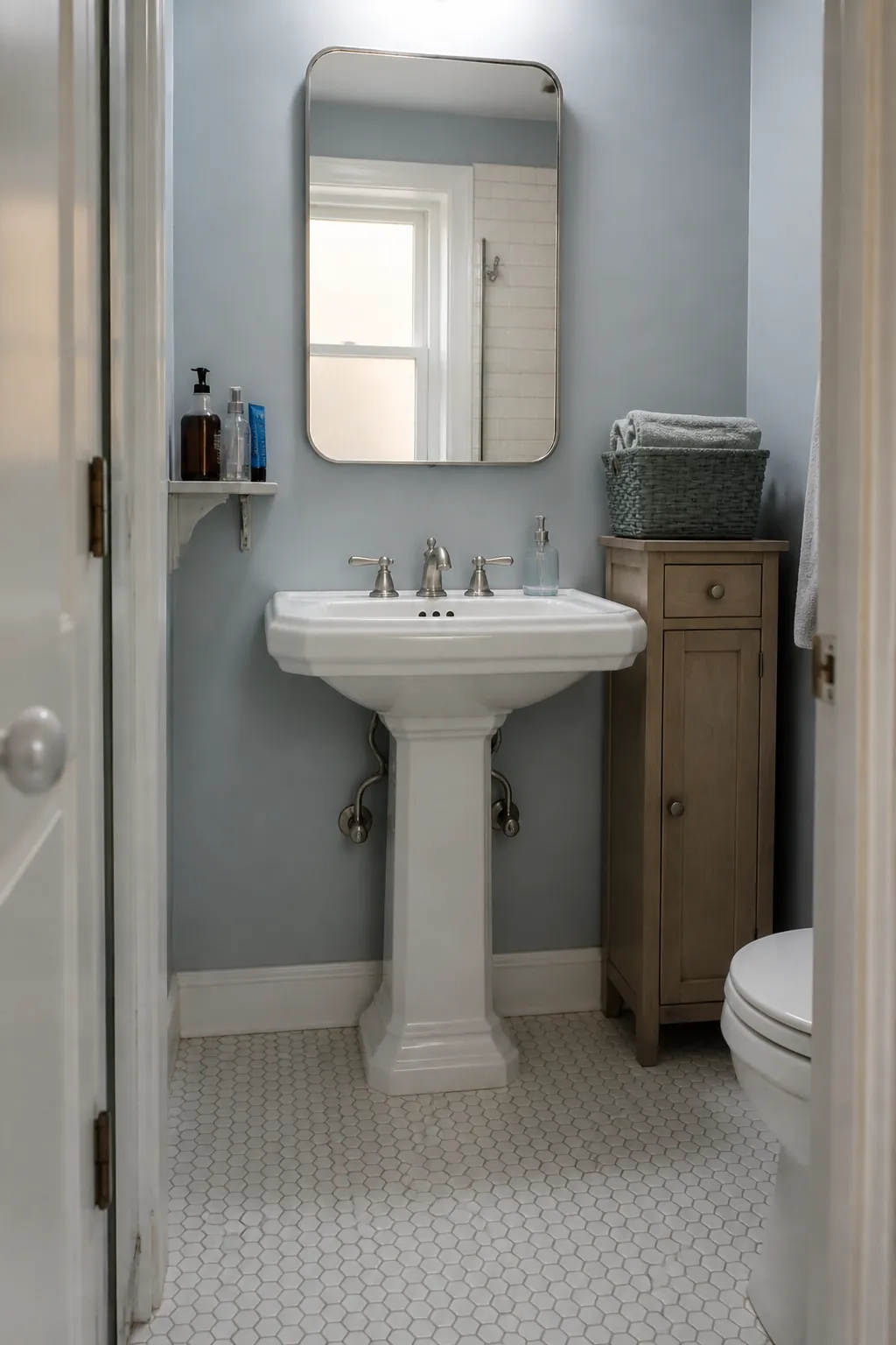Organized small bathroom with pedestal sink wall shelf and slim cabinet