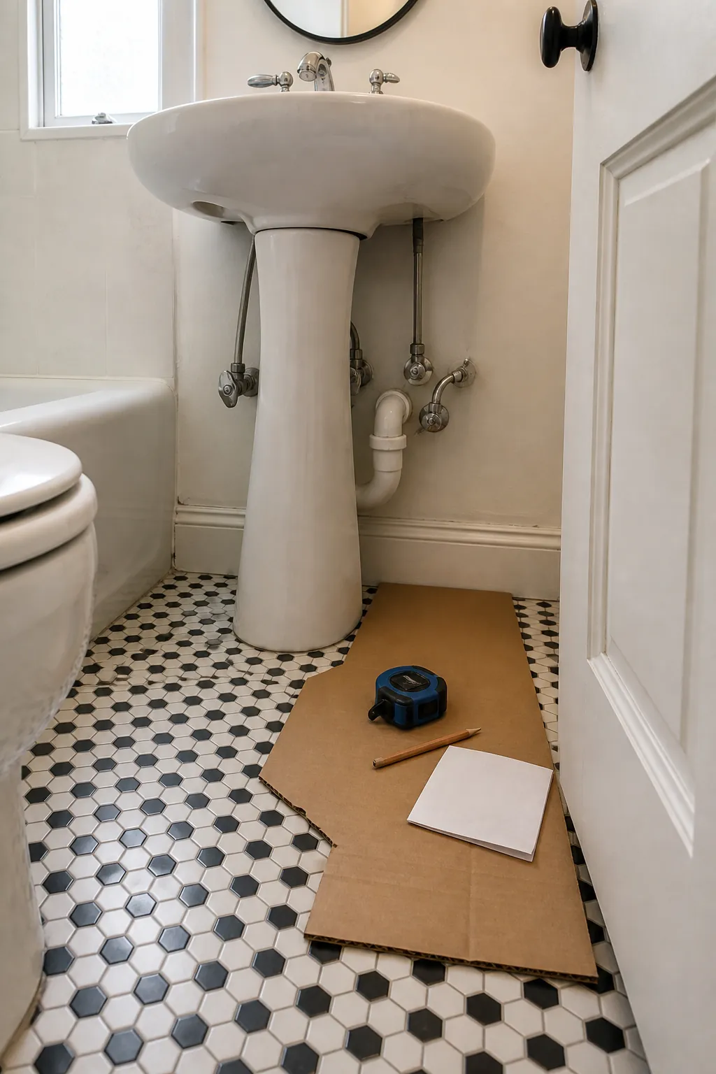 Pedestal sink storage footprint measured around visible plumbing