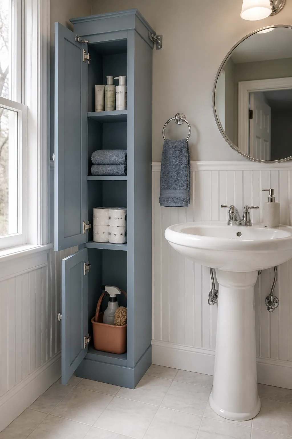 Slim bathroom cabinet beside a pedestal sink with clear floor access