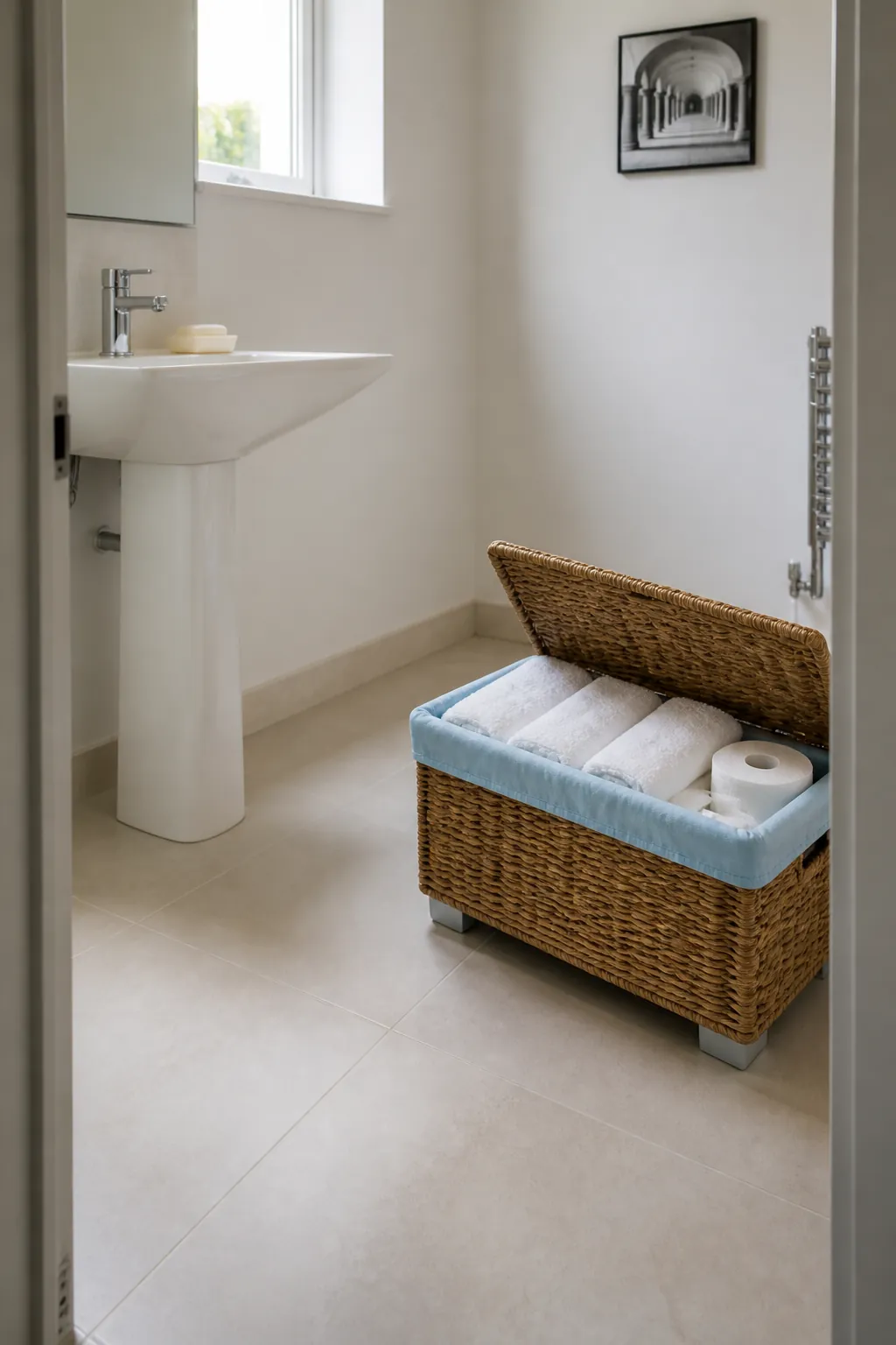 Lidded basket storing dry towels near a pedestal sink
