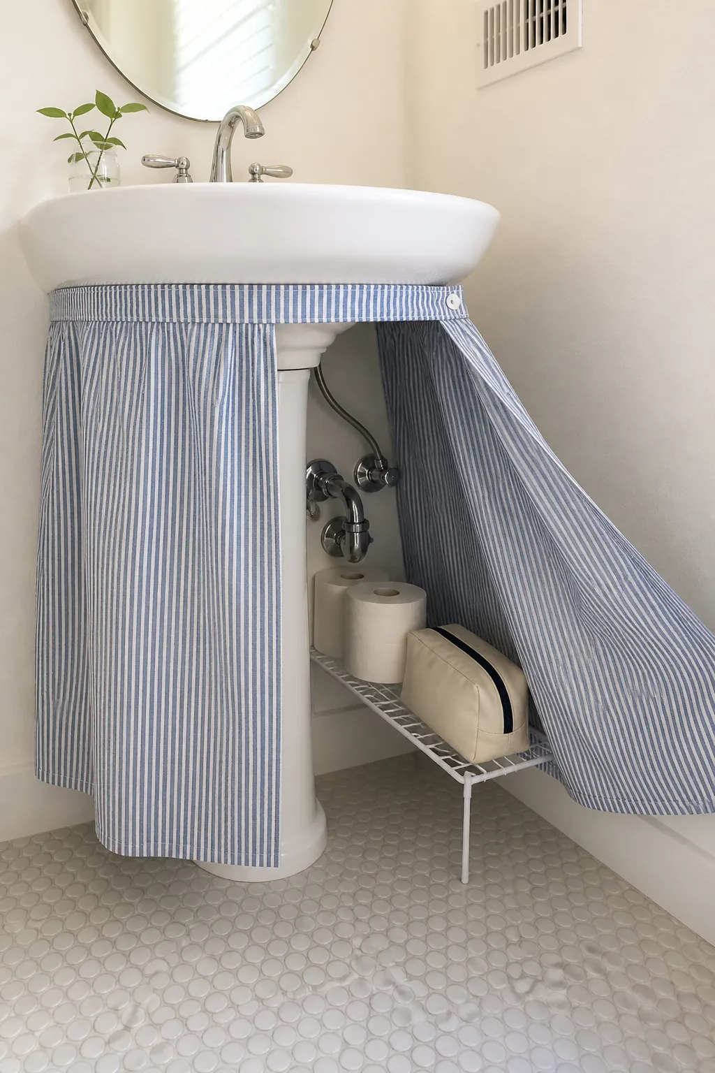 Washable pedestal sink skirt concealing one ventilated storage shelf