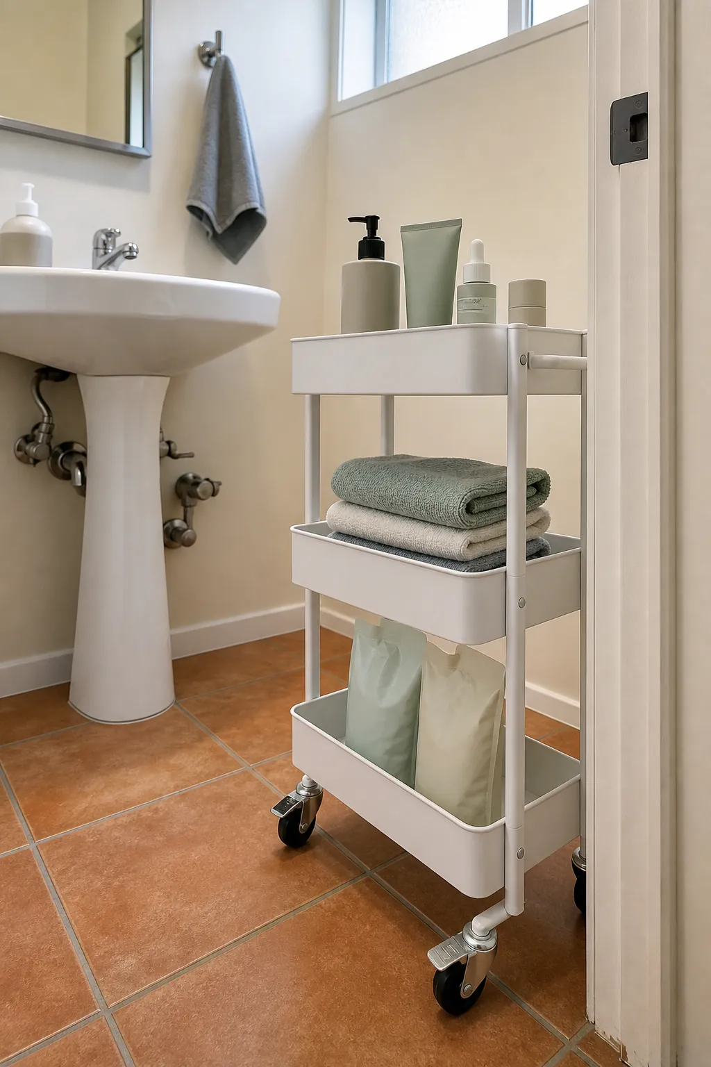 Rolling bathroom cart beside a pedestal sink organized by routine