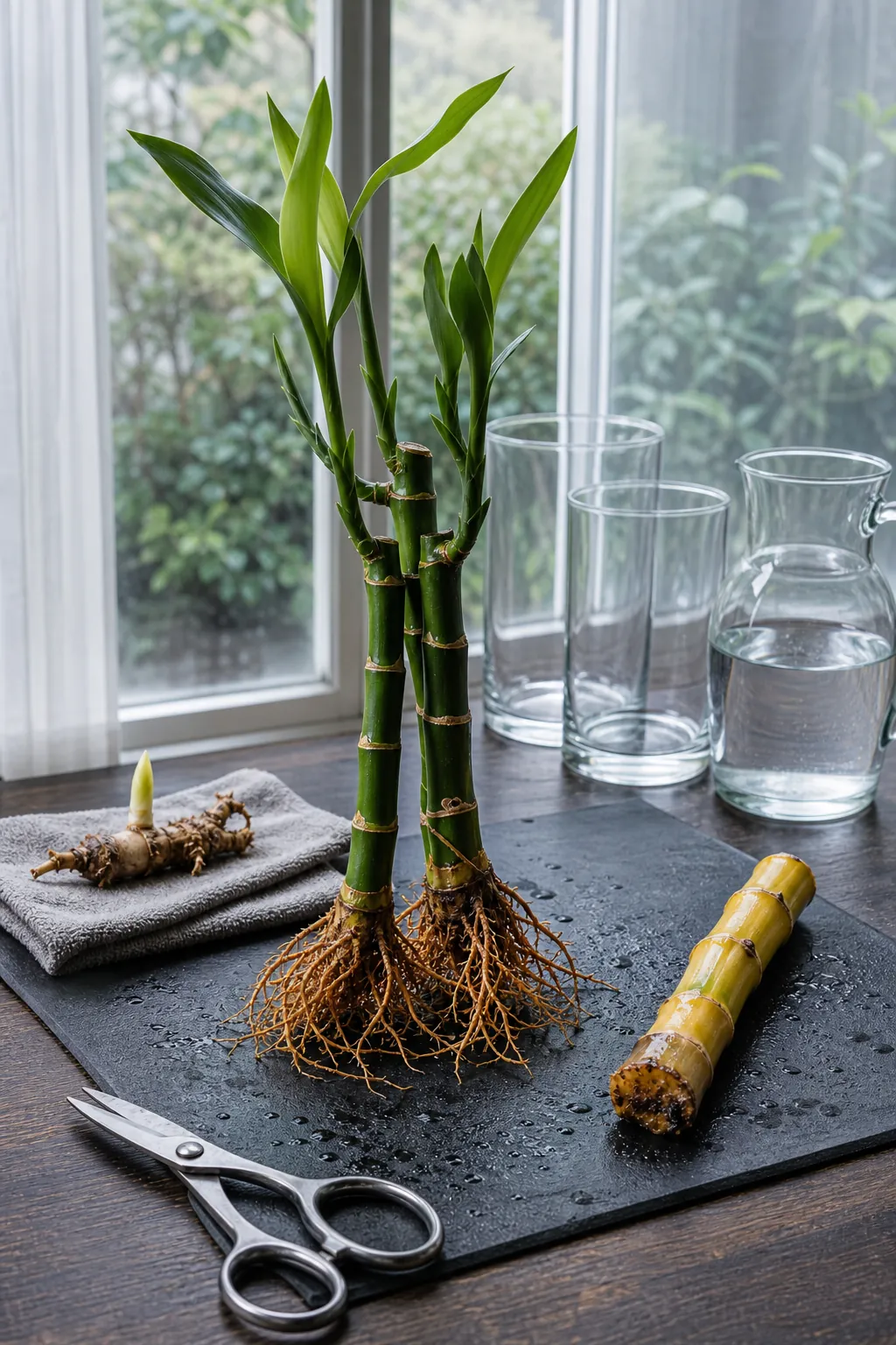 Living green bamboo sections identified for salvage beside damaged tissue