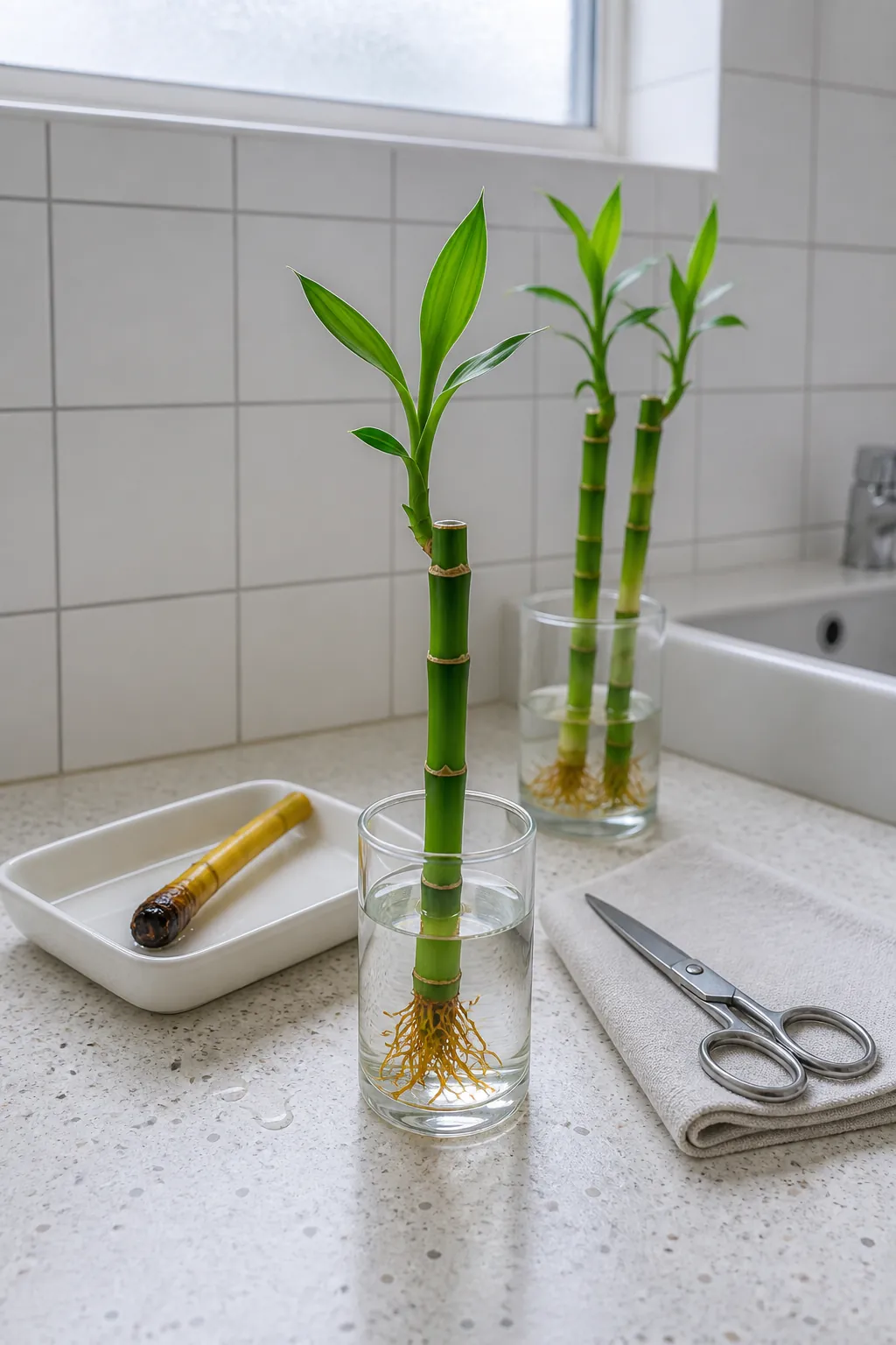 Healthy lucky bamboo stalk isolated from a yellow soft stalk in clean vessels