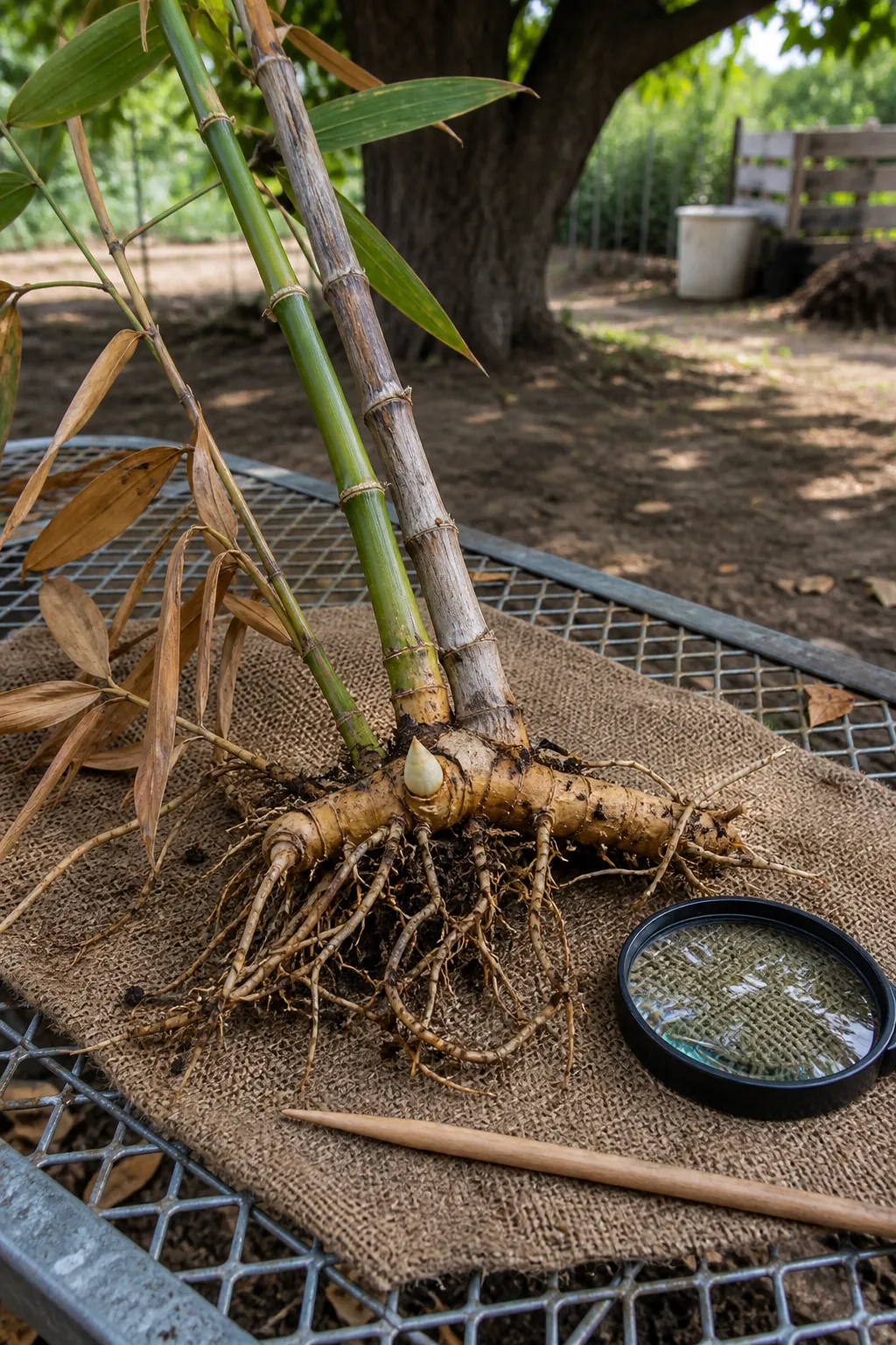 Firm green bamboo tissue and viable roots separated from dead dry sections