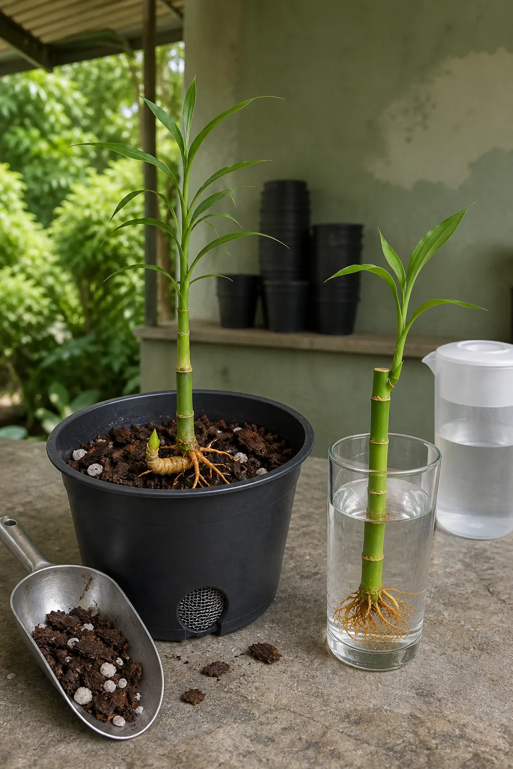 Saved bamboo roots placed into fresh airy soil and clean water systems