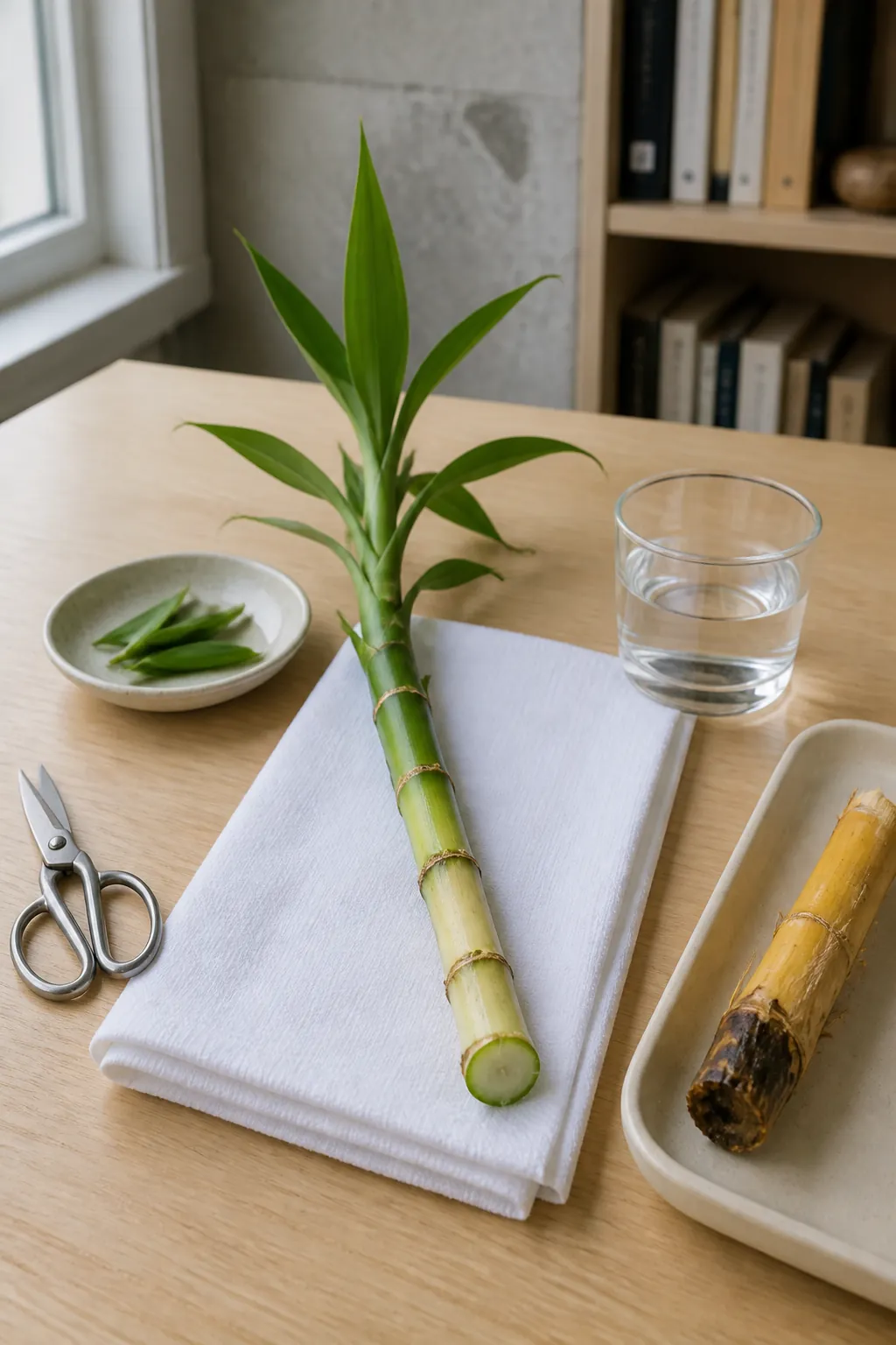 Healthy green lucky bamboo cutting prepared above a damaged yellow stalk