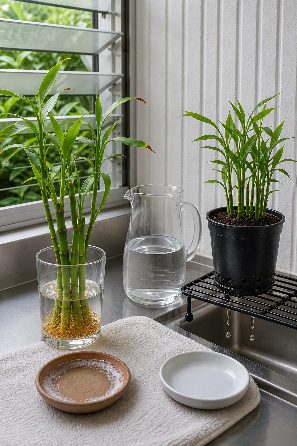 Filtered water and a cleaned bamboo container free from mineral buildup