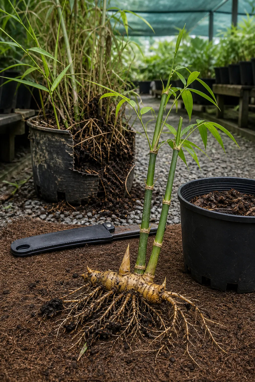 Healthy true bamboo rhizome division with viable buds roots and green canes