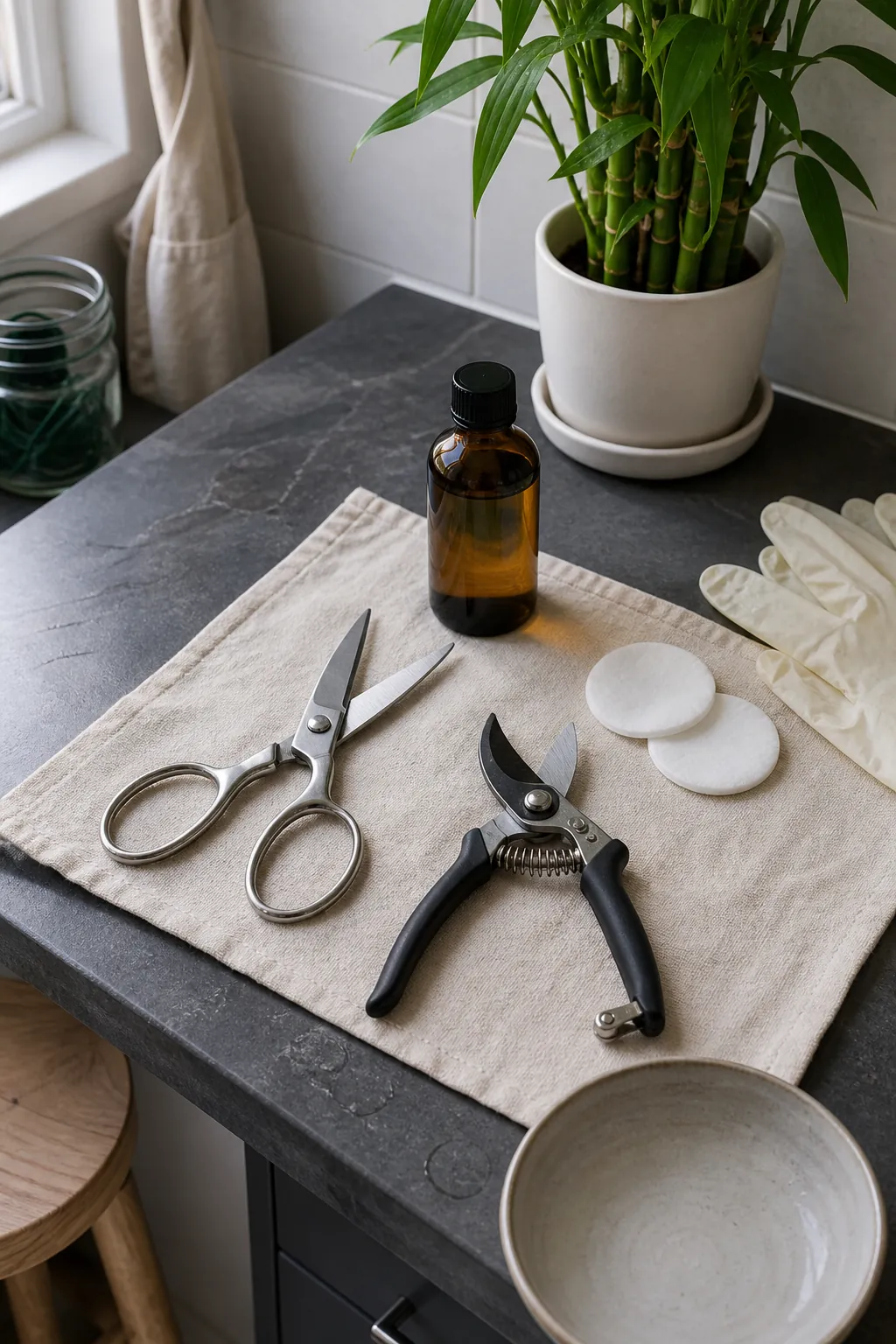 Clean scissors and pruning shears prepared for trimming bamboo leaves