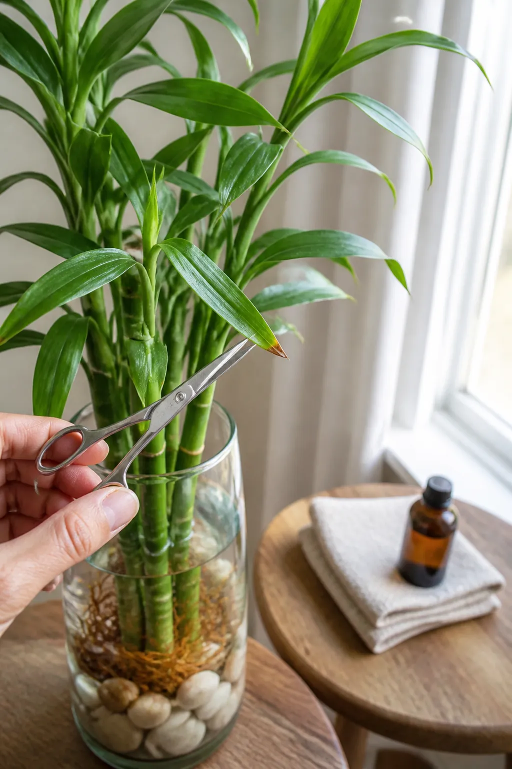 Healthy lucky bamboo leaves being trimmed with clean scissors