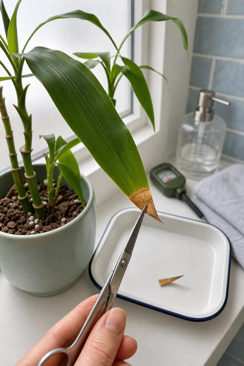 Scissors trimming brown tips from a lucky bamboo leaf