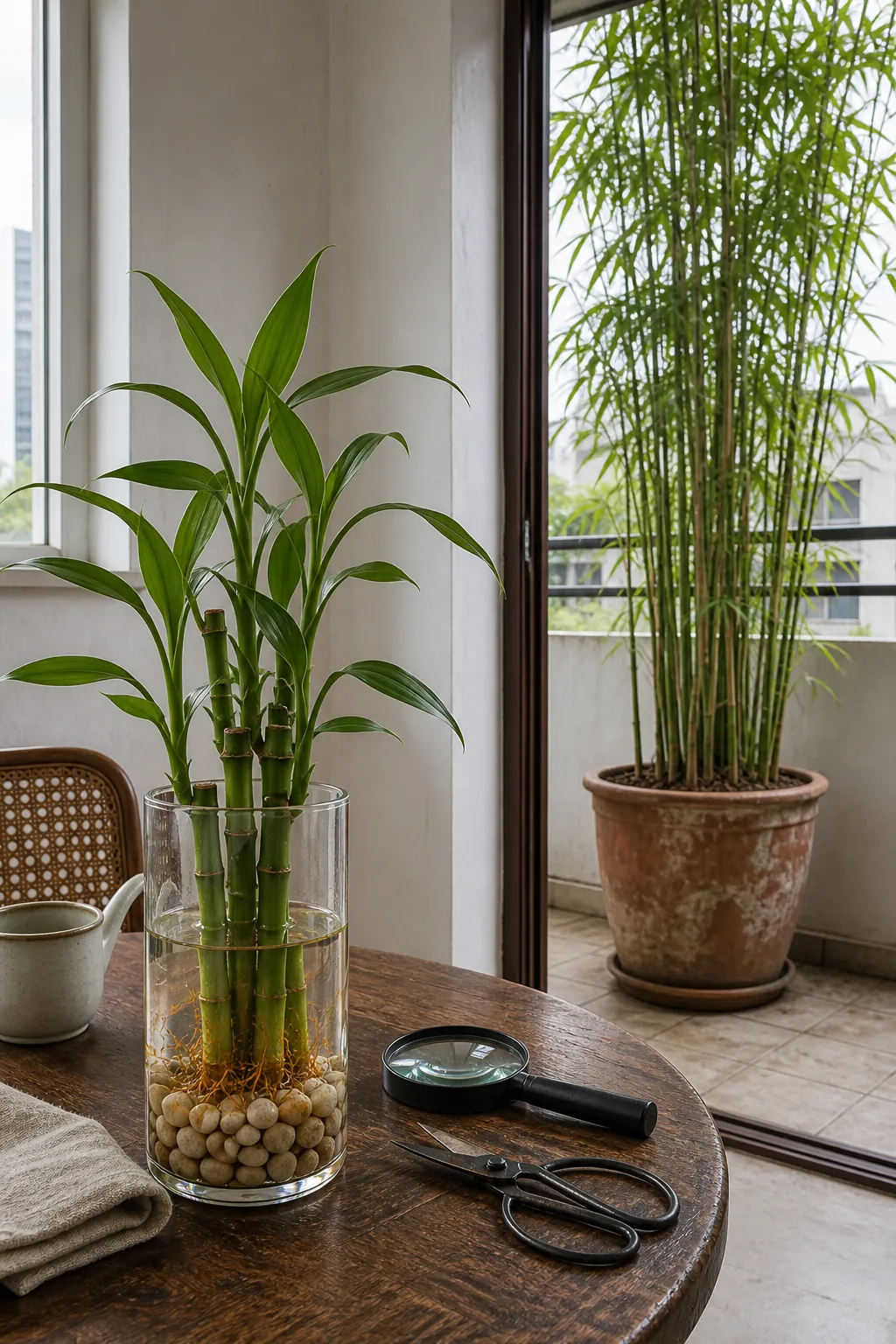 Lucky bamboo houseplant beside true bamboo leaves for plant identification