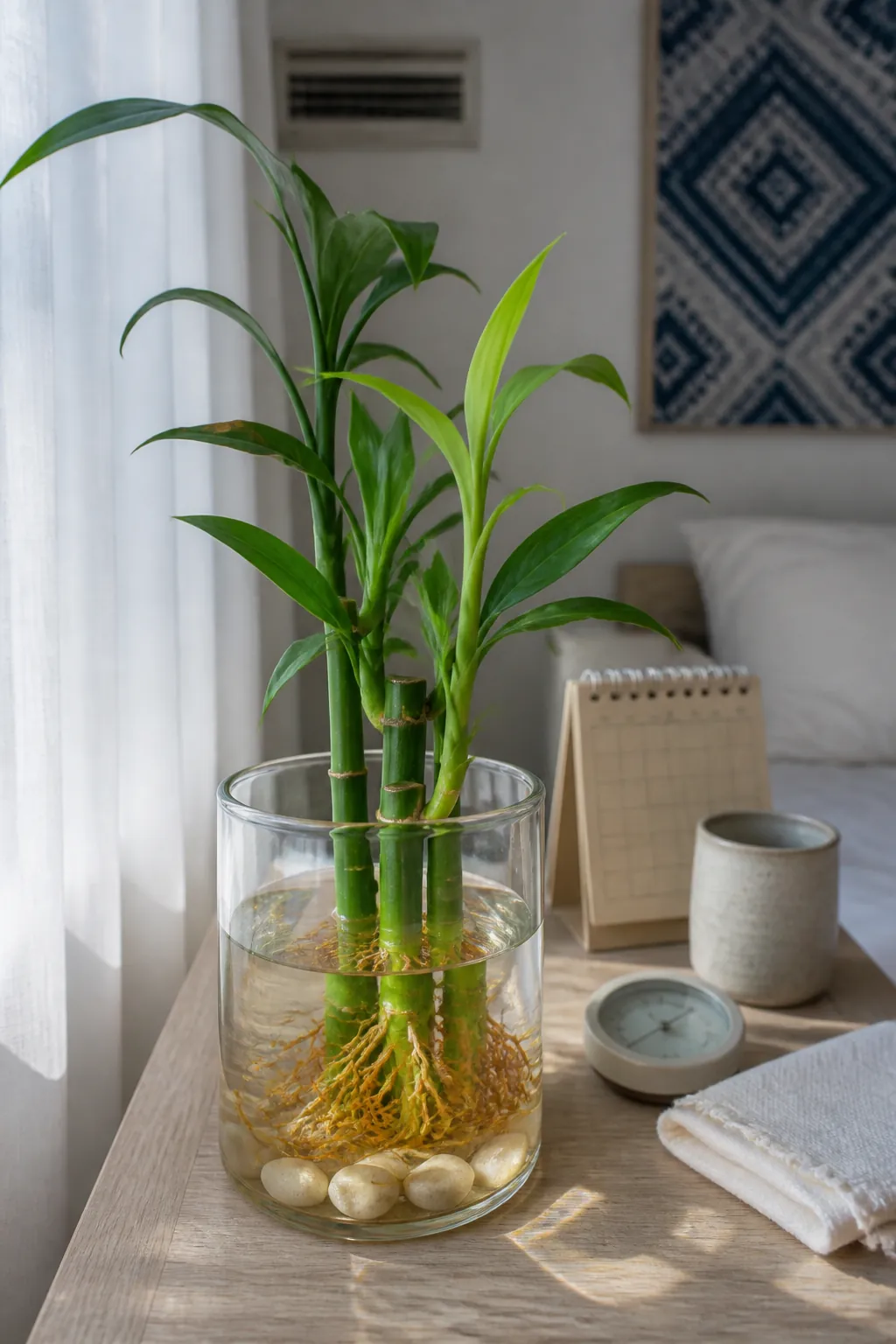 Healthy new lucky bamboo growth after careful leaf trimming