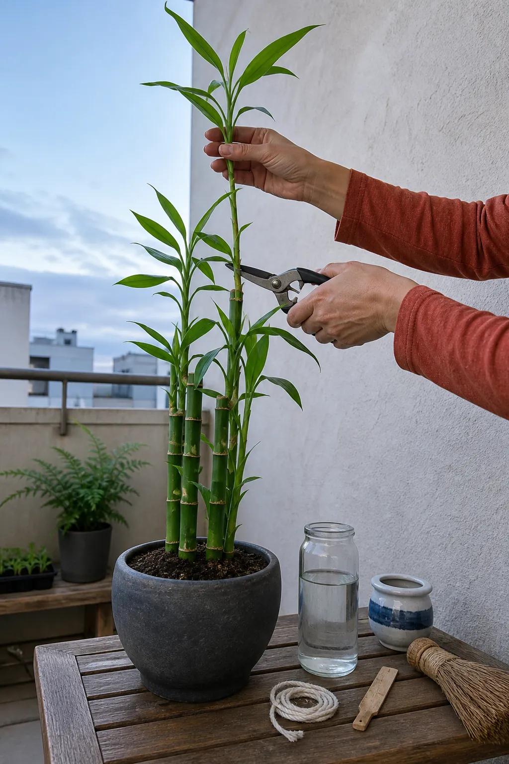 Pruning an overgrown lucky bamboo shoot above a visible node