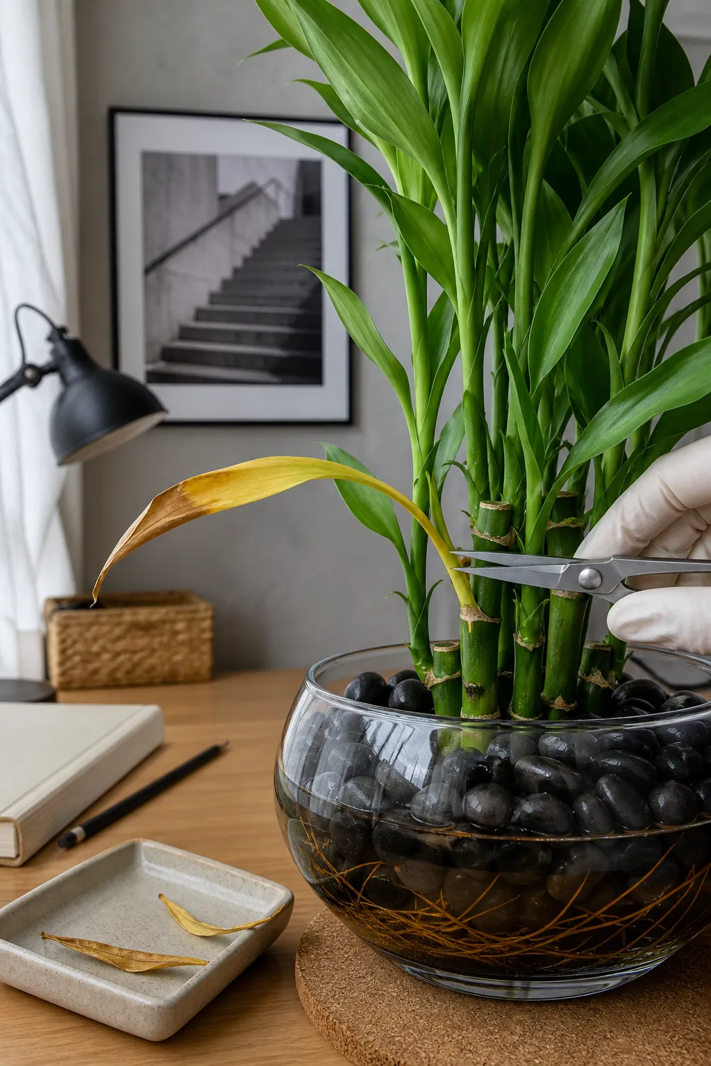 Removing a fully damaged leaf from lucky bamboo at the base