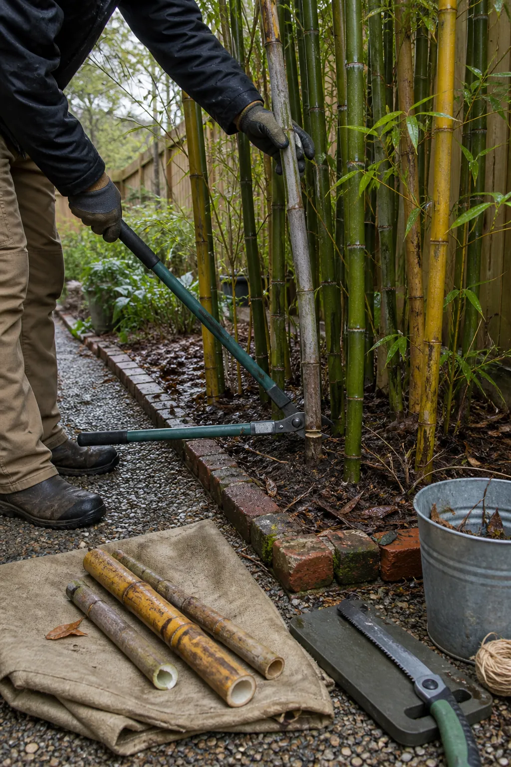 Gardener thinning true bamboo canes with clean pruning shears