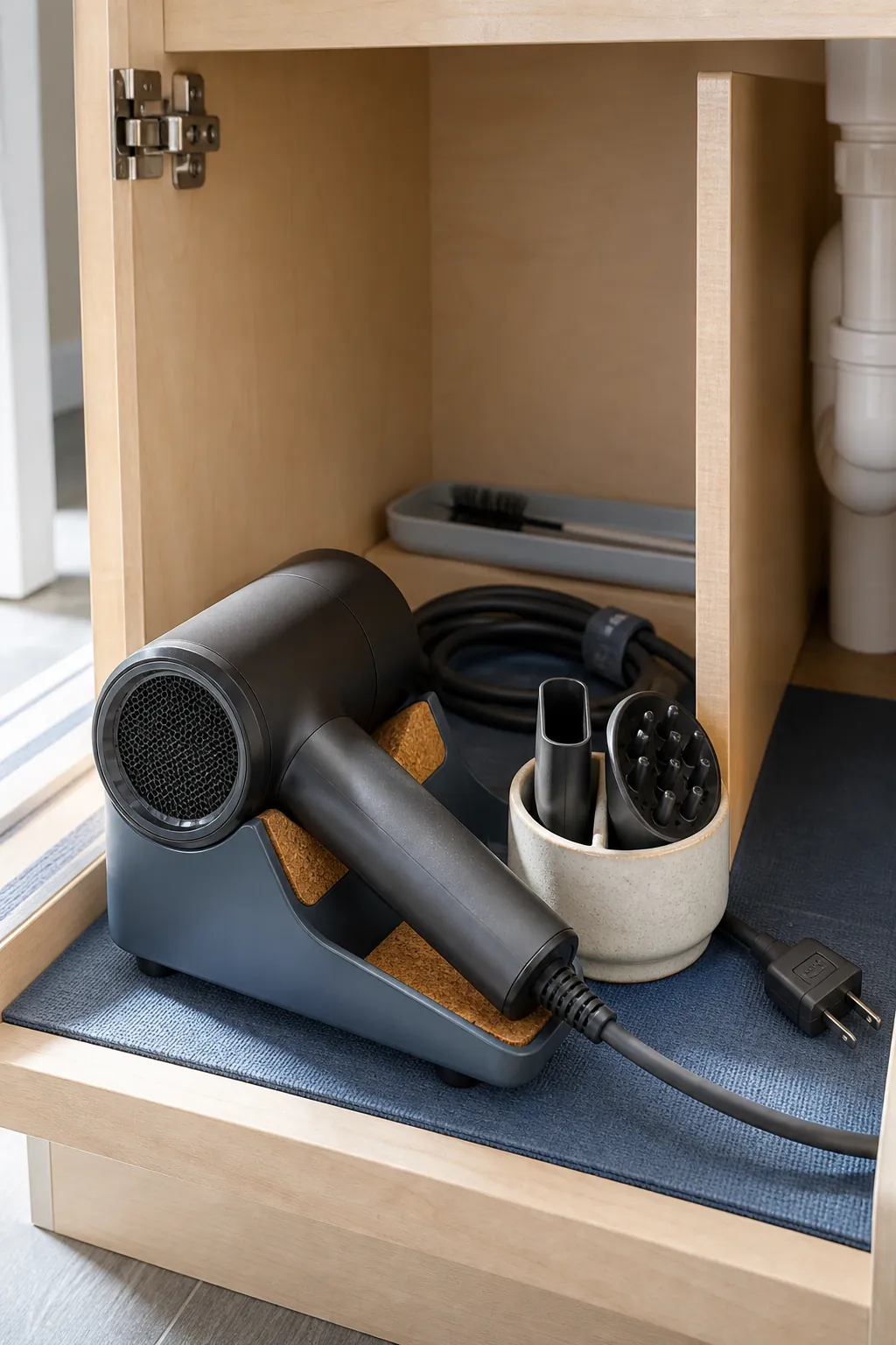 Hair dryer and attachments arranged in separate under sink holders