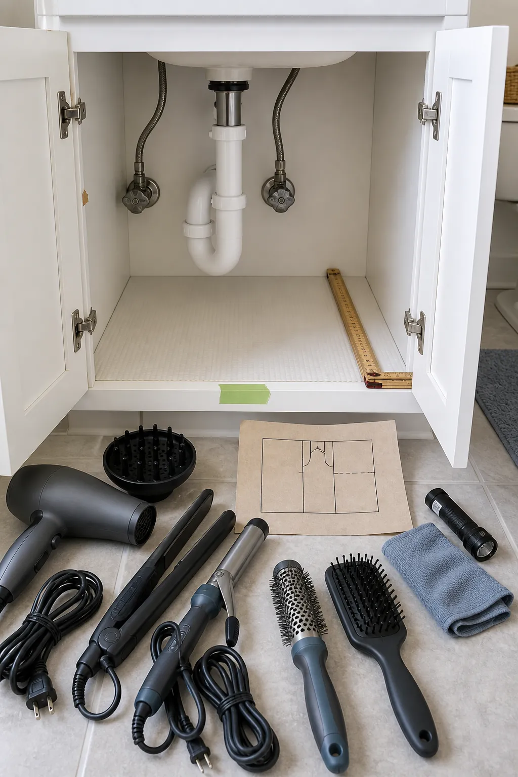 Measured bathroom sink cabinet ready for organized hair tool storage