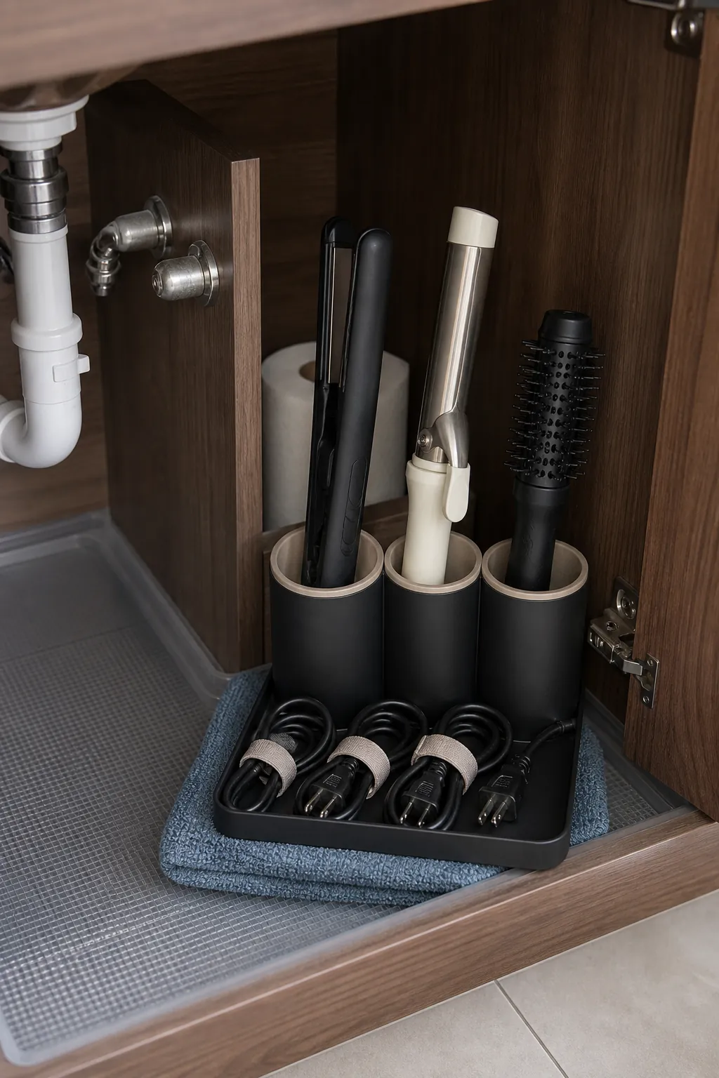 Heat resistant caddy holding cooled hair tools beneath a bathroom sink