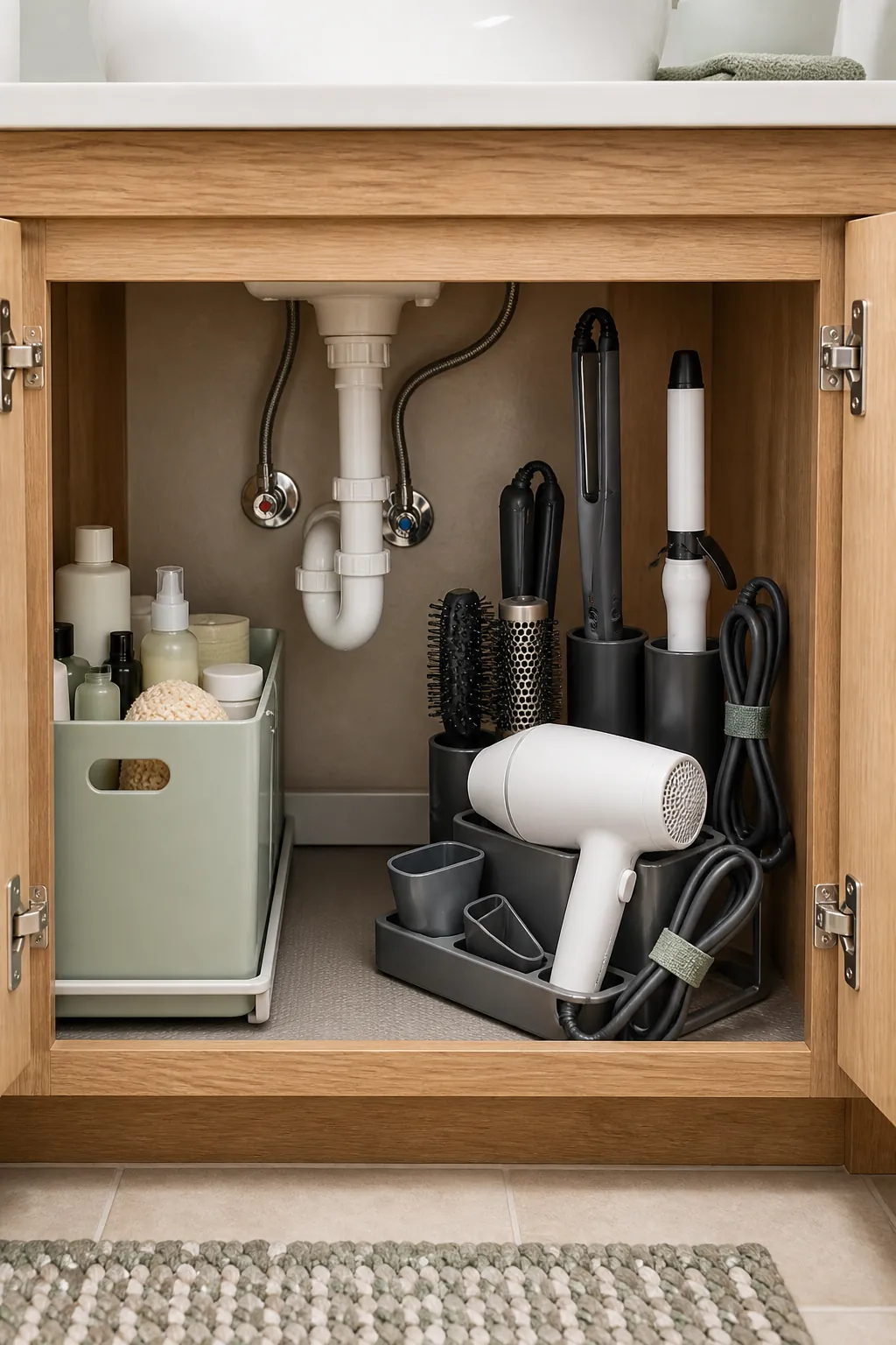 Organized hair tools stored safely beneath a bathroom sink