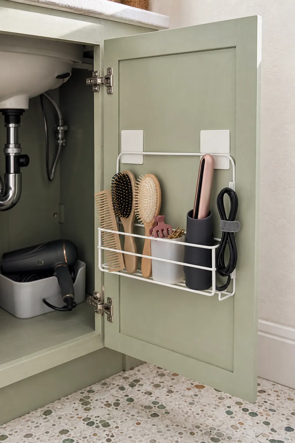 Bathroom cabinet door organizer holding brushes and a styling tool