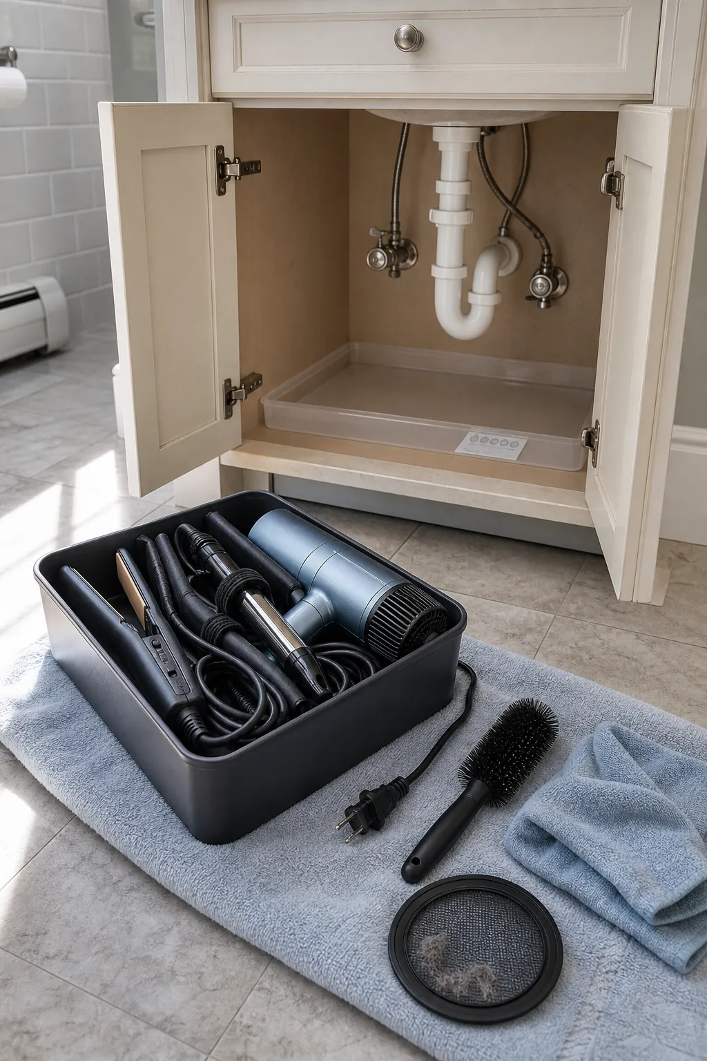 Dry bathroom cabinet maintenance setup with hair tool caddy removed