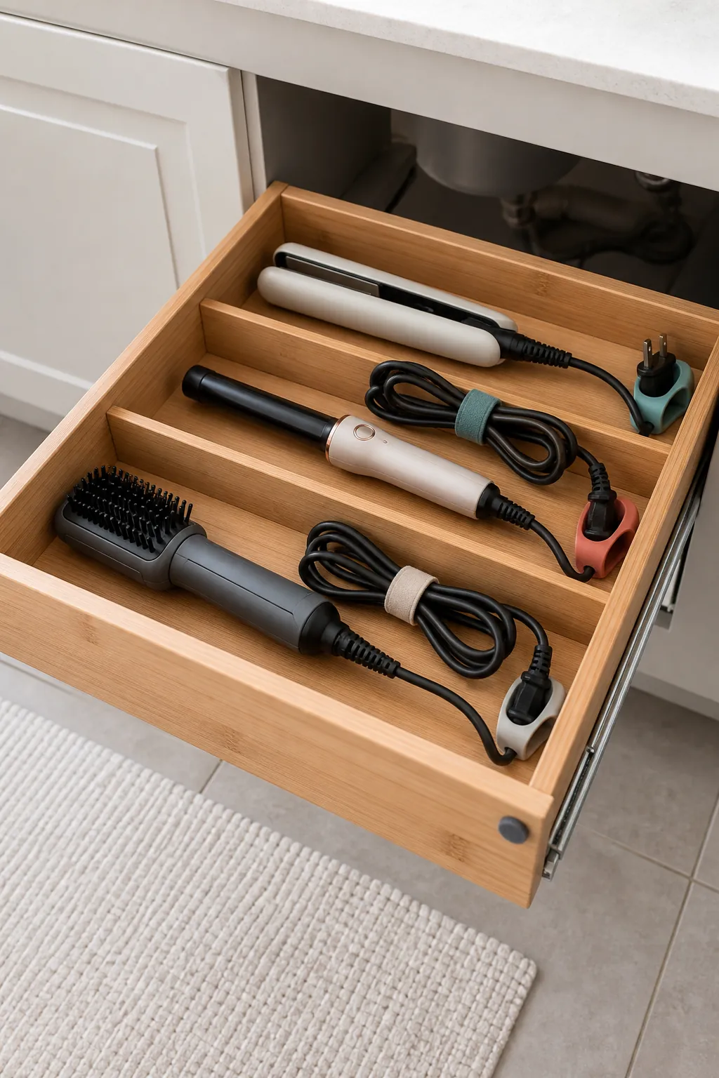 Loose cord loops secured beside organized bathroom hair tools