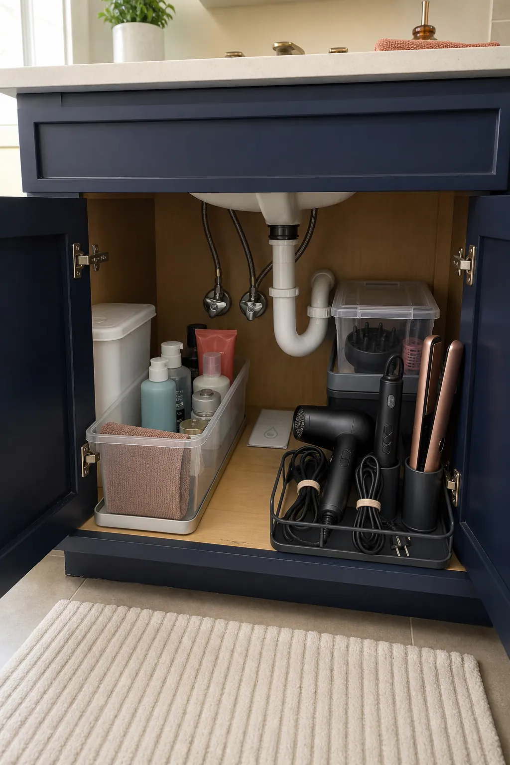 Neat under sink hair tool system with separate daily and accessory zones