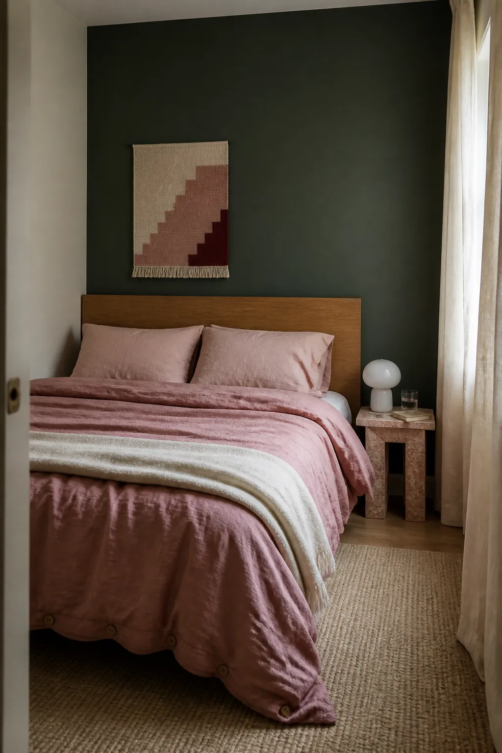 Dark green bedroom colour scheme with dusty pink bedding and muted blush accents