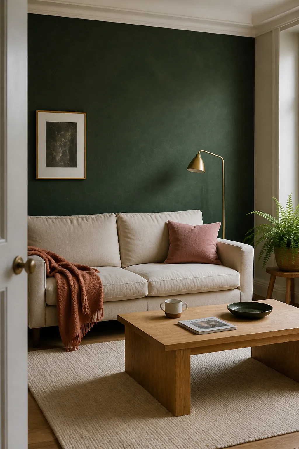 Dark green interior colour palette with warm neutrals, natural wood, blush, and brass