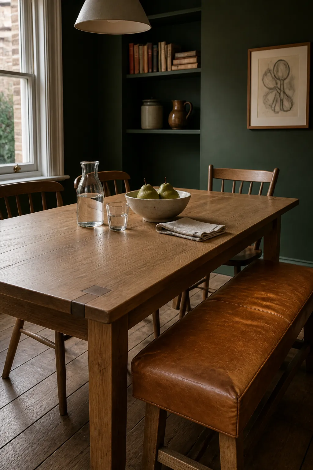 Dark green dining room with natural oak furniture and camel leather accents