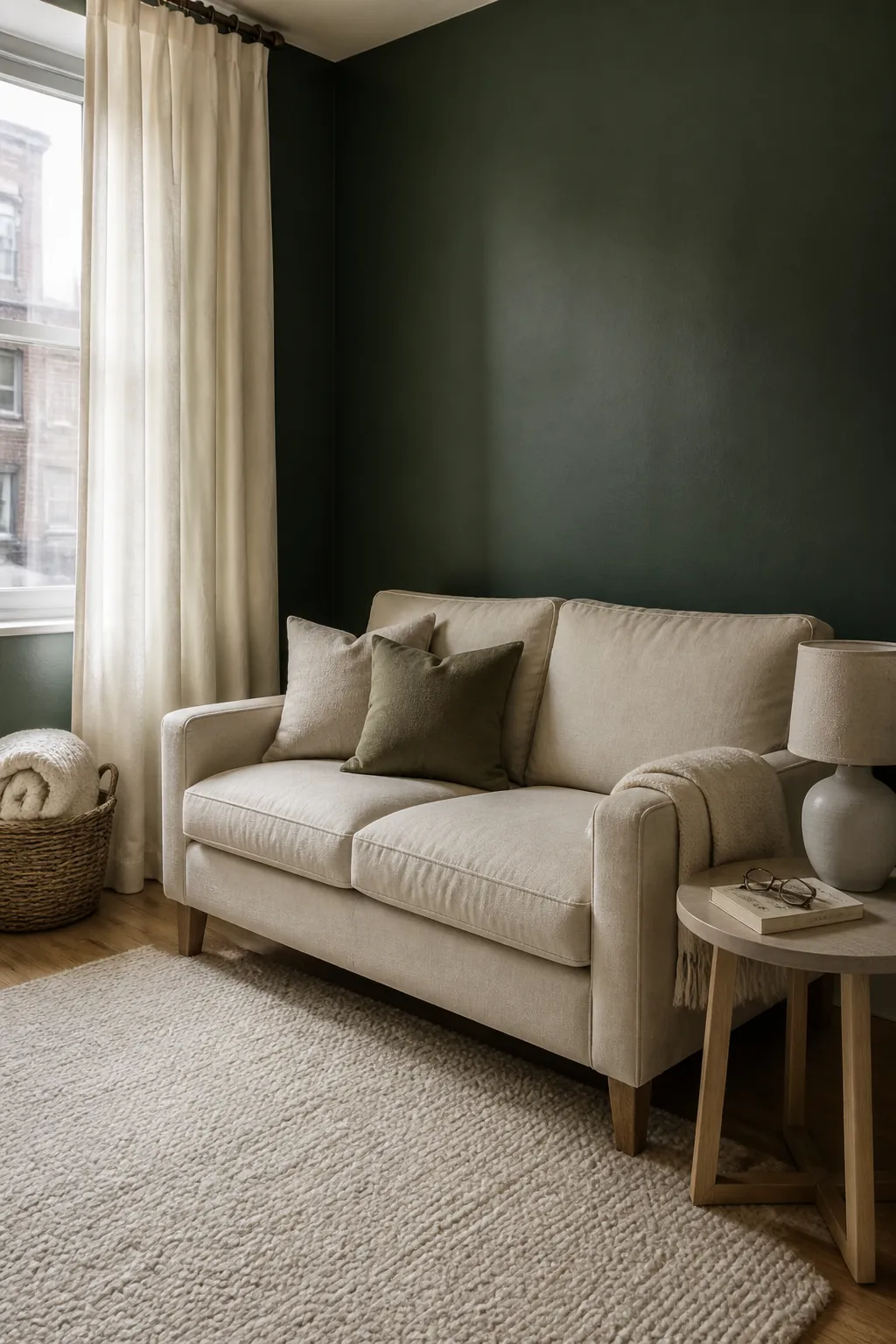 Dark green living room paired with warm ivory curtains and an oatmeal sofa