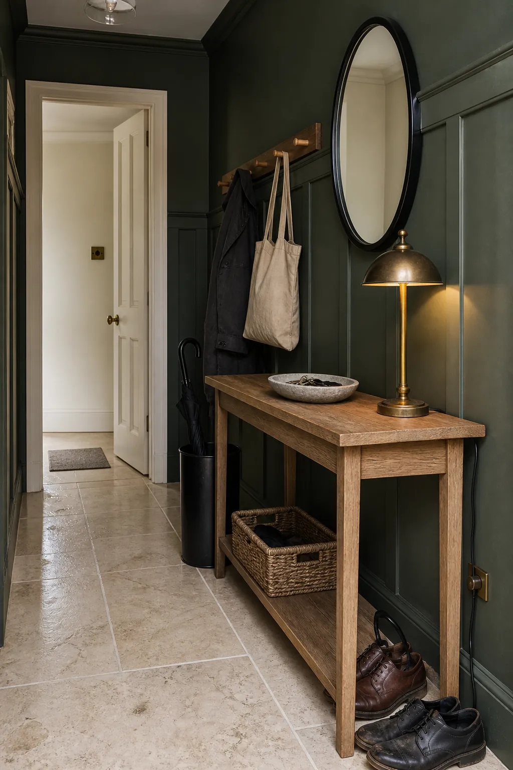 Dark green entryway with aged brass details and restrained soft black accents