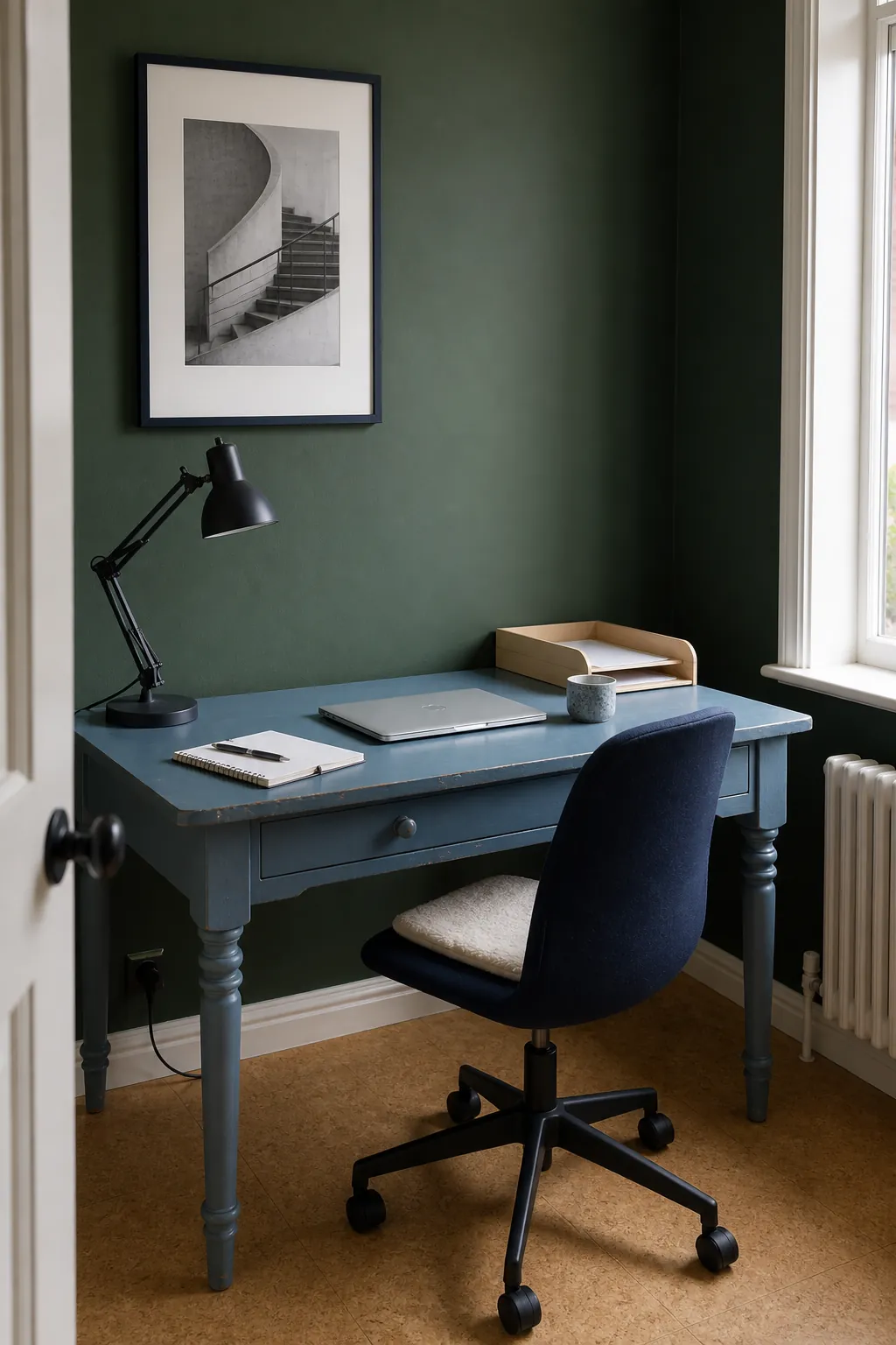 Dark green home office with dusty blue textiles and deep navy accents