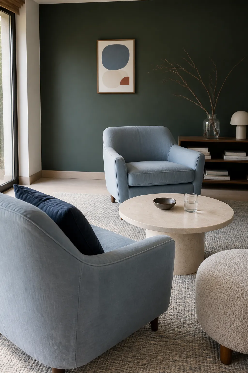 Dark green sitting room balanced with dusty blue upholstery and pale stone accents