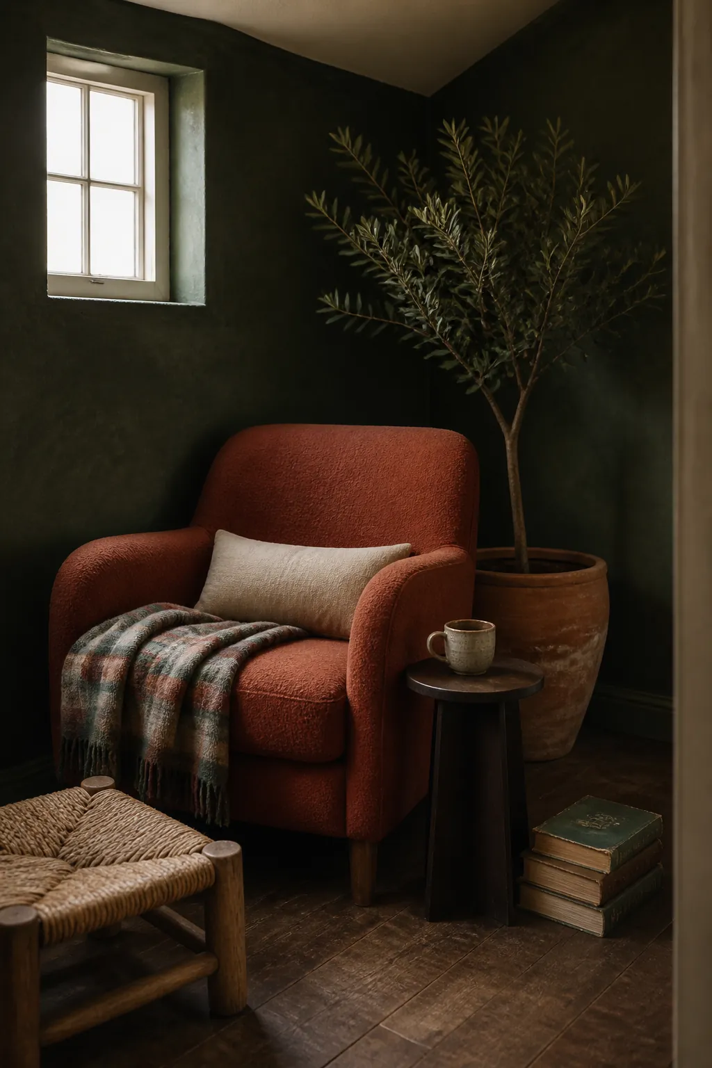 Dark green reading nook decorated with terracotta and soft rust accents