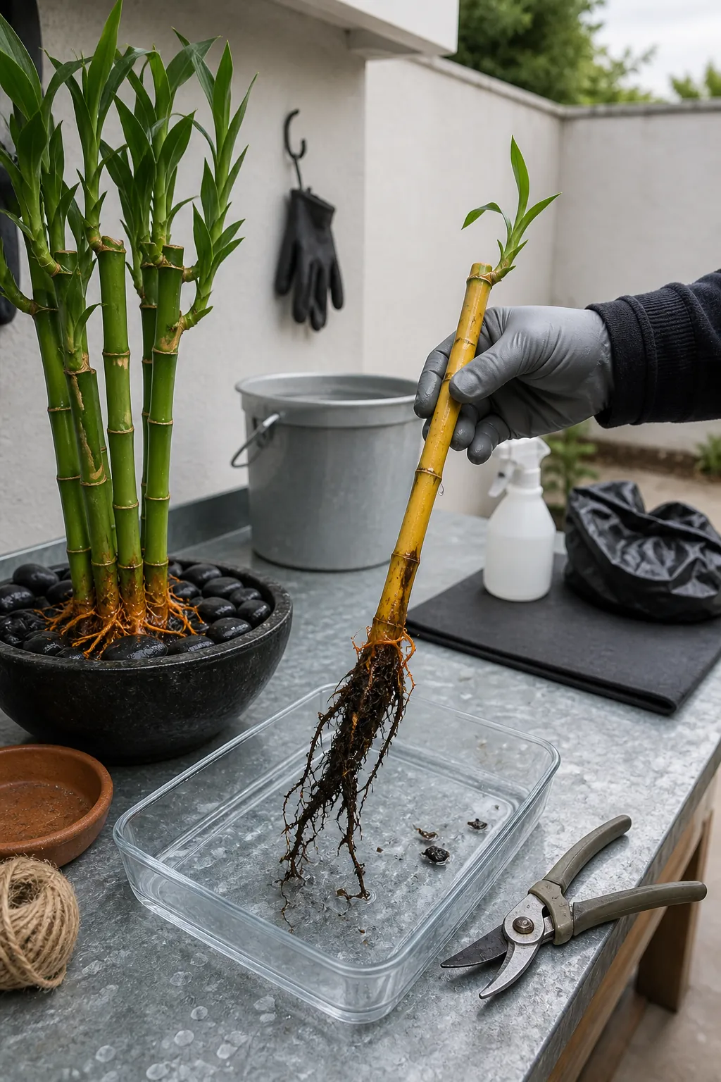 Yellow lucky bamboo cane isolated from healthy green stalks