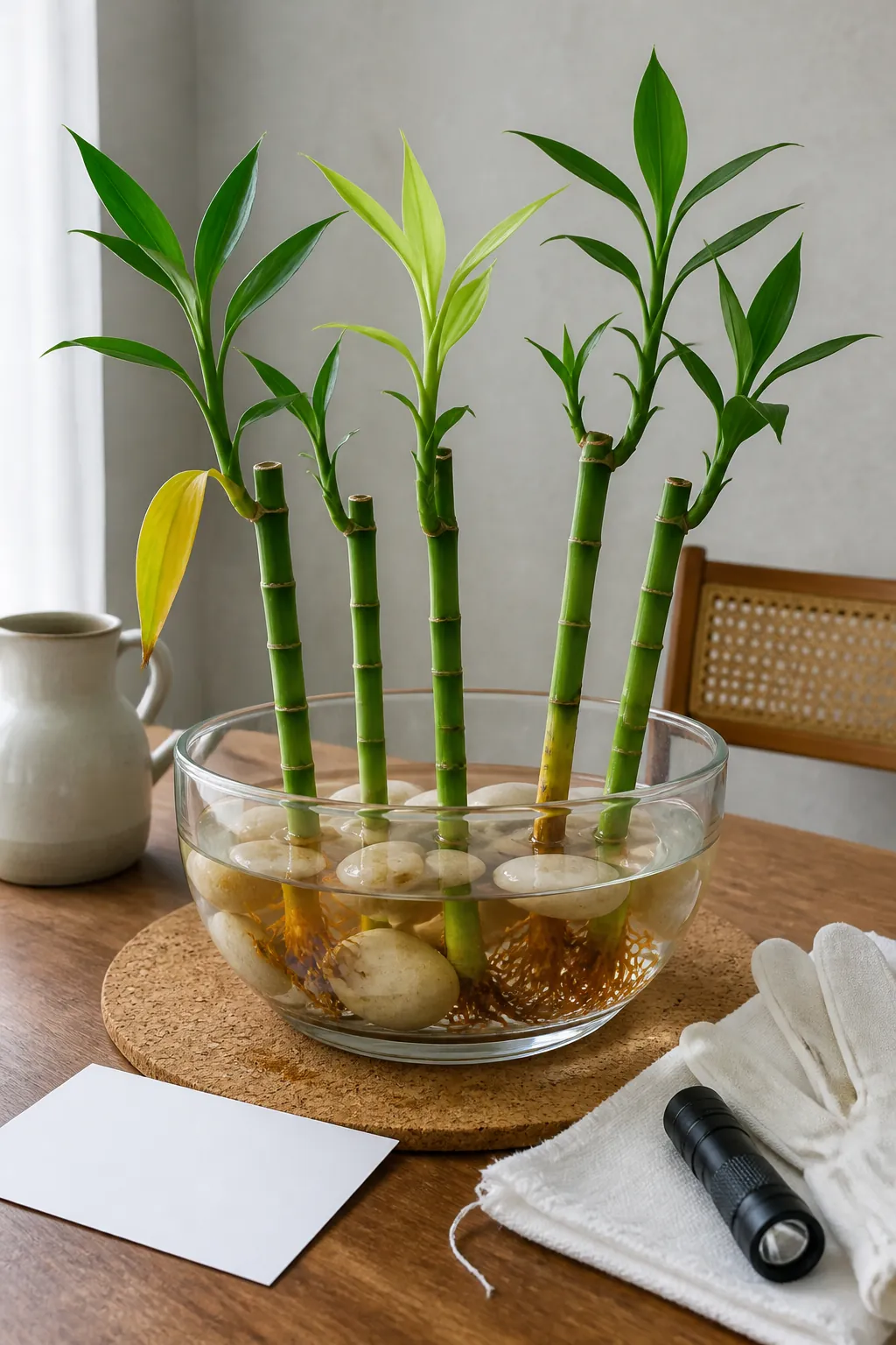 Lucky bamboo showing different yellowing patterns for diagnosis