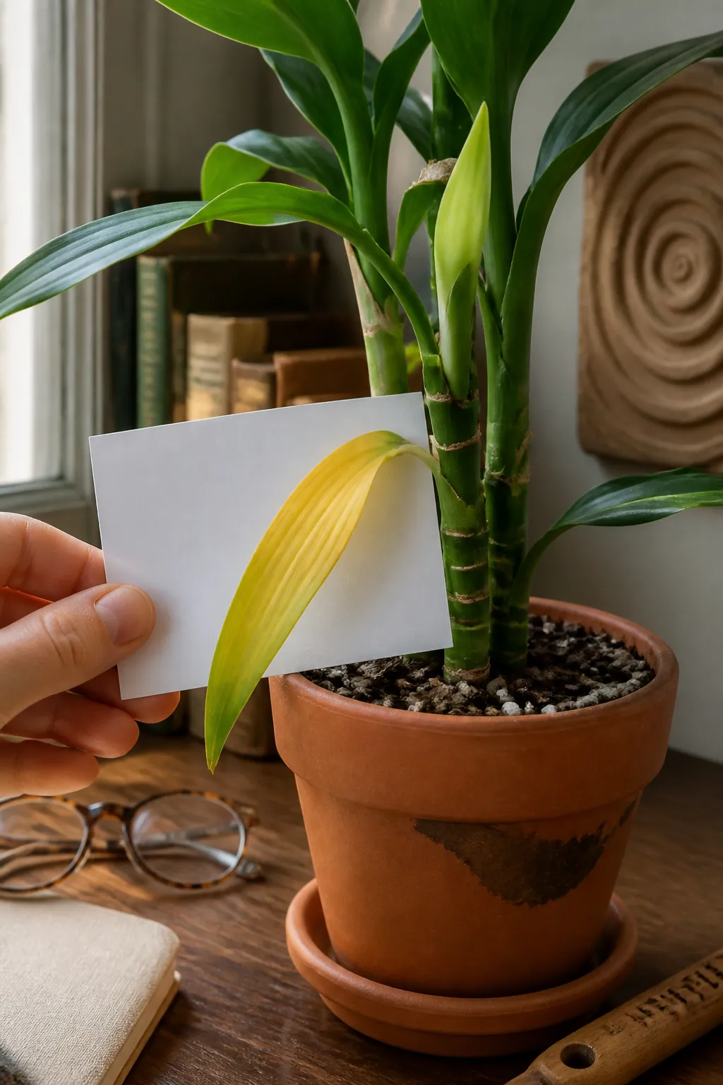 Inspecting yellow lucky bamboo leaves beside healthy green growth