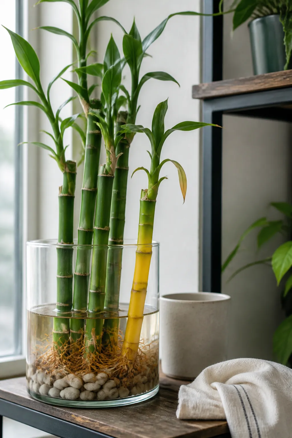 Lucky bamboo with one yellow stalk beside healthy green growth