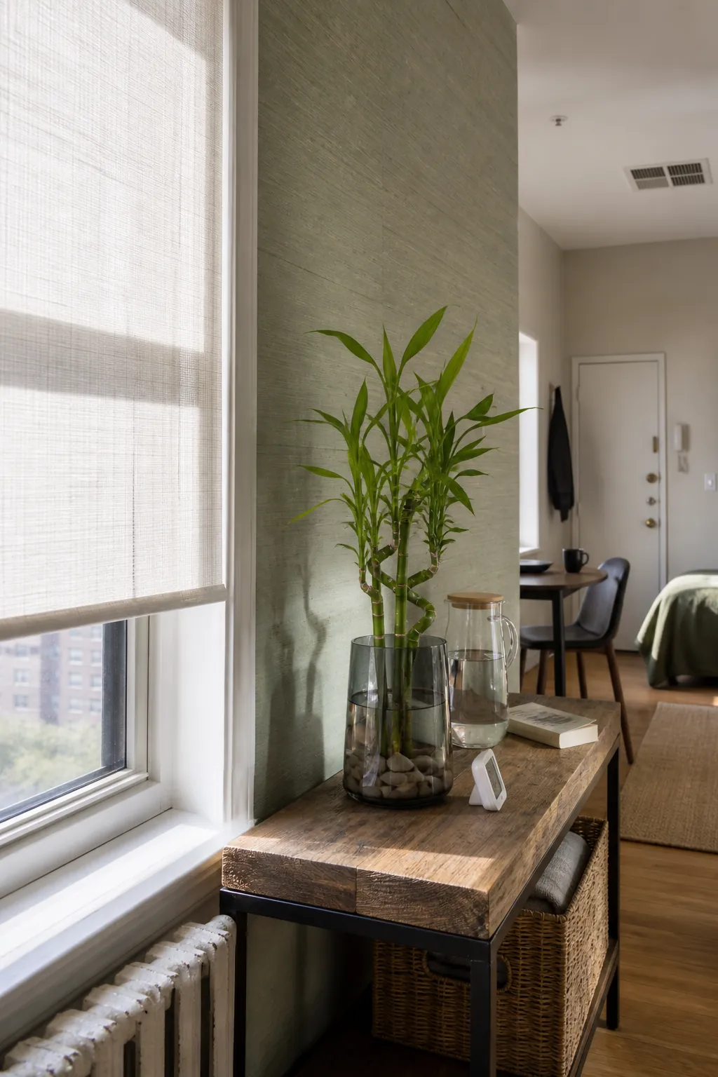 Lucky bamboo placed in bright indirect light with clean water