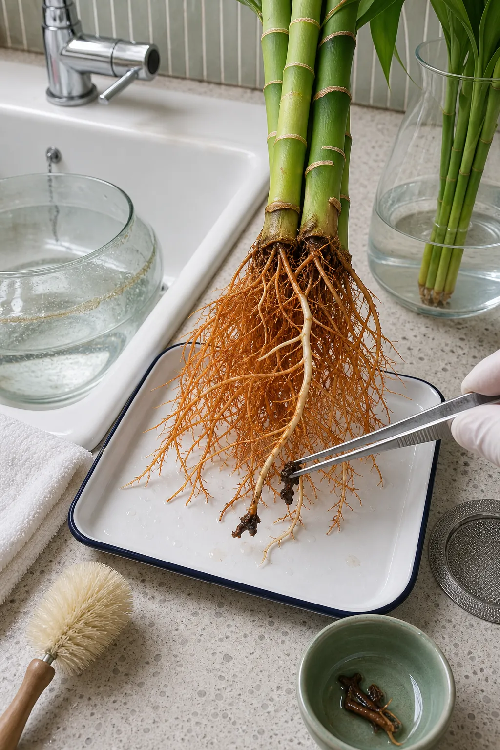 Healthy lucky bamboo roots inspected in clean water