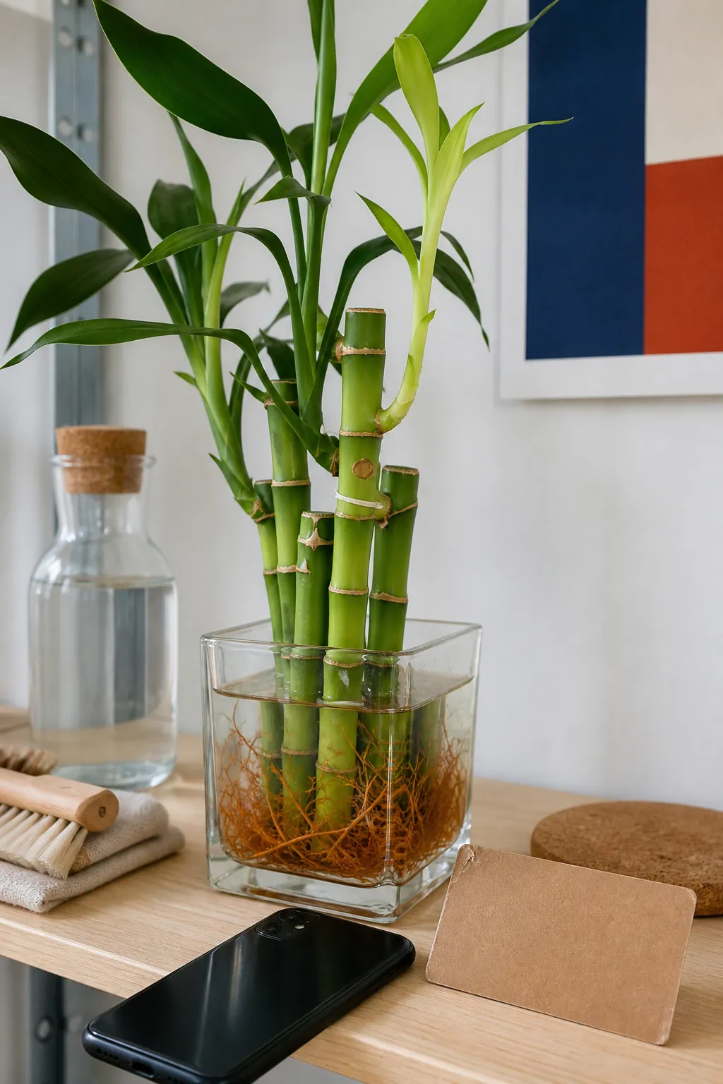Fresh green lucky bamboo growth monitored after yellowing