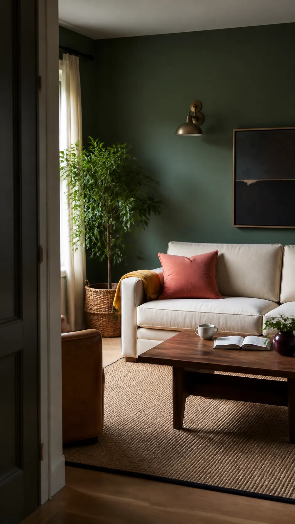 Forest green interior palette with parchment, walnut, coral, ochre, plum, and bronze