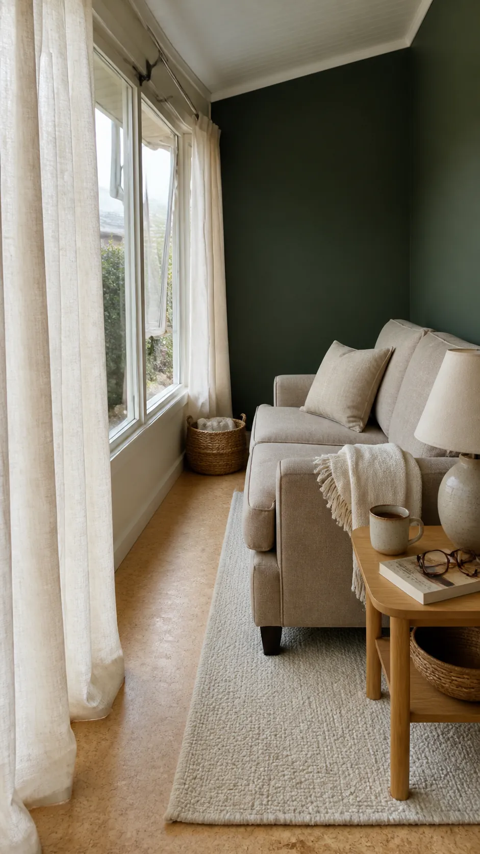 Forest green sunroom with parchment curtains and mushroom upholstery